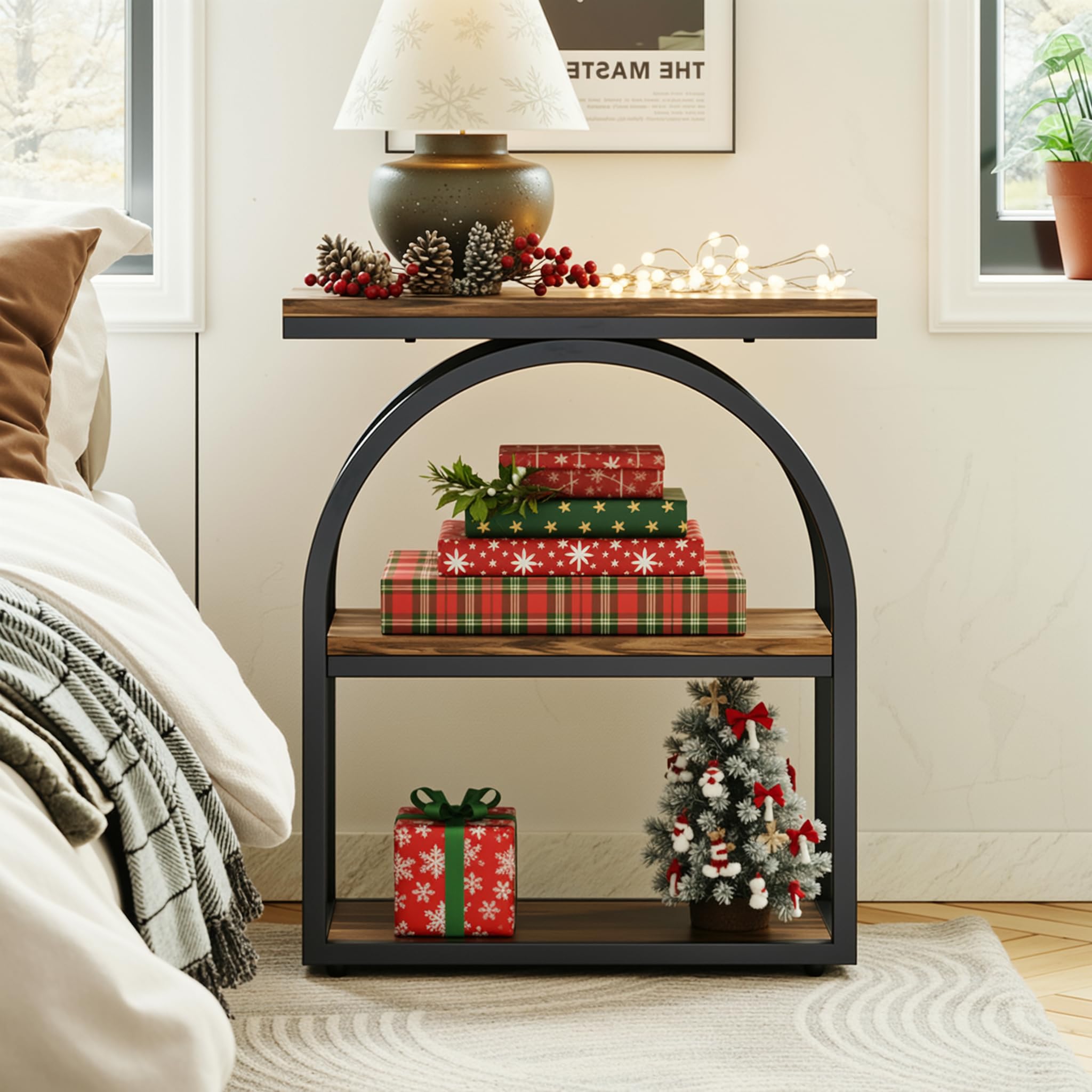 LIKEMET Side Table, End Table with 3-Tier Storage, 25" Bedside Table with Arched Metal Frame, Industrial Nightstand for Living Room, Bedroom, Rustic