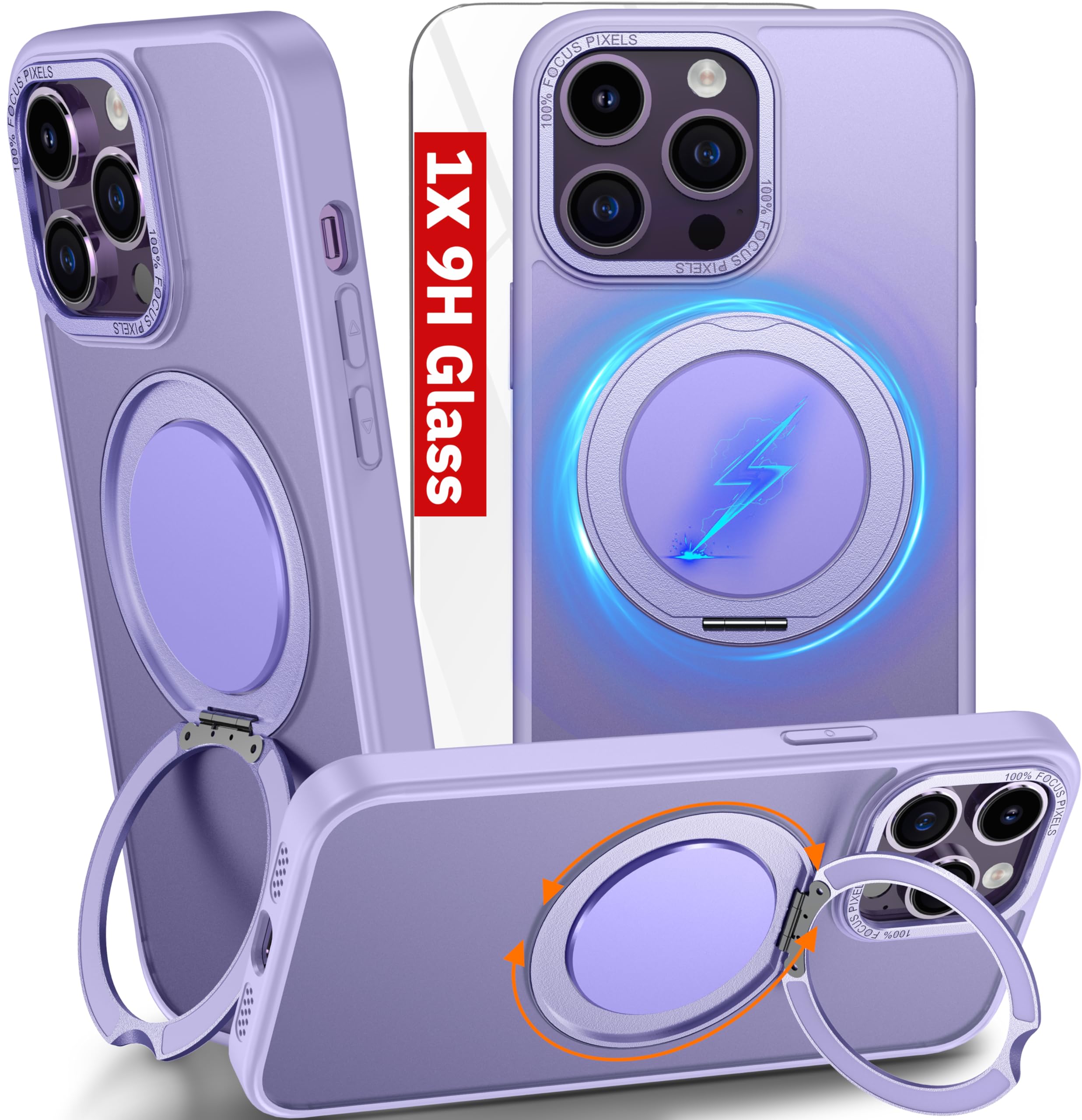 Oterkin for iPhone 14 Pro Max Case Matte with Magnetic Rotatable Foldable Stand,[Military Dropproof] Translucent Phone Case Compatible with MagSafe [Glass Screen Protector] (Lilac)
