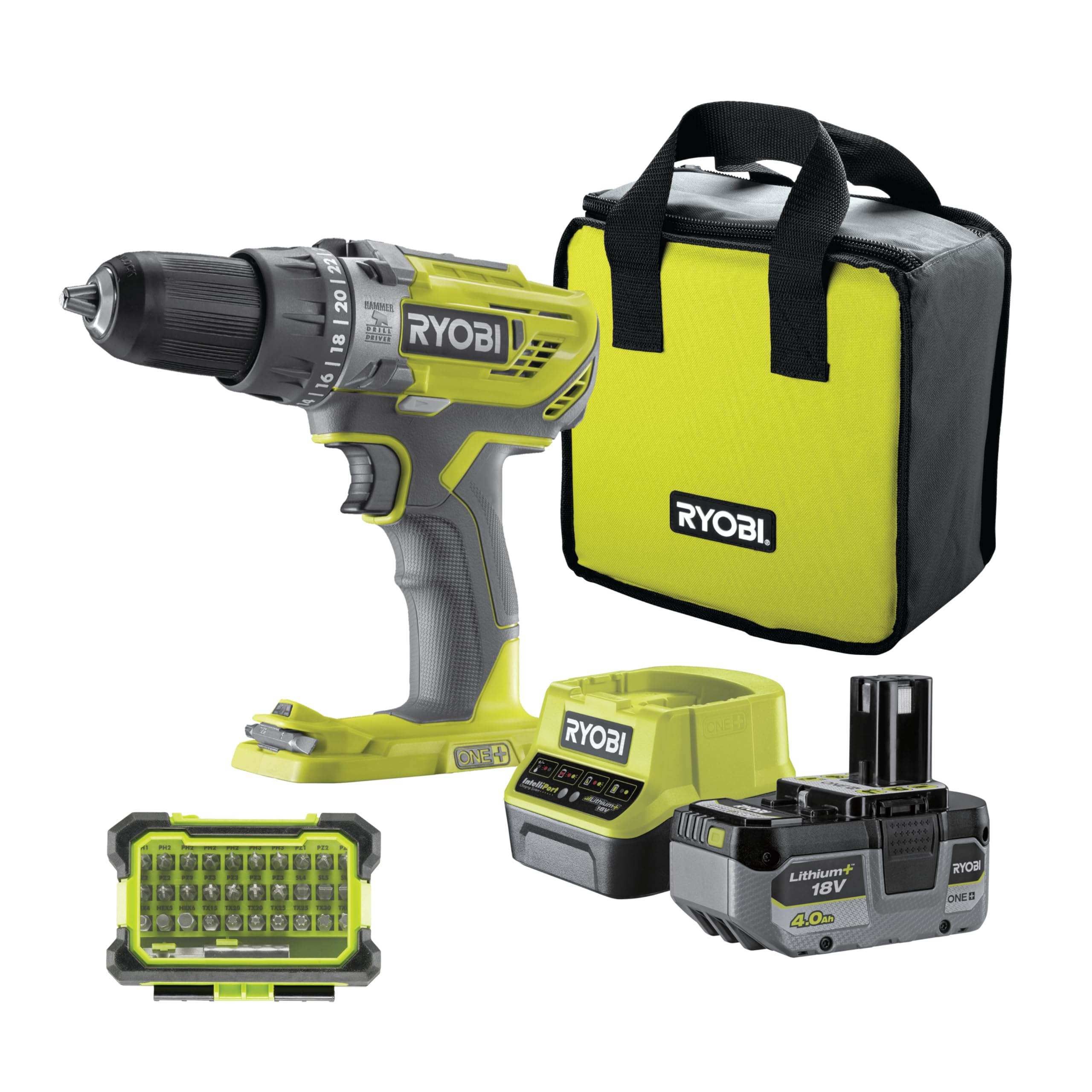 Ryobi R18PD3-140SA Trapano a Percussione 18V ONE+ con Batteria 4.0 Ah, Caricabatterie, Set 31 Inserti e Borsa, Mandrino 13 mm, 50 Nm, 2 Velocità