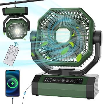 Rechargeable Auto Oscillating Fan with Remote & Timer & LED Light, 9-Inch 20000mAh Battery 70Hrs, Portable USB Fan for Camping, Travel, Worksite & Strong Hurricanes