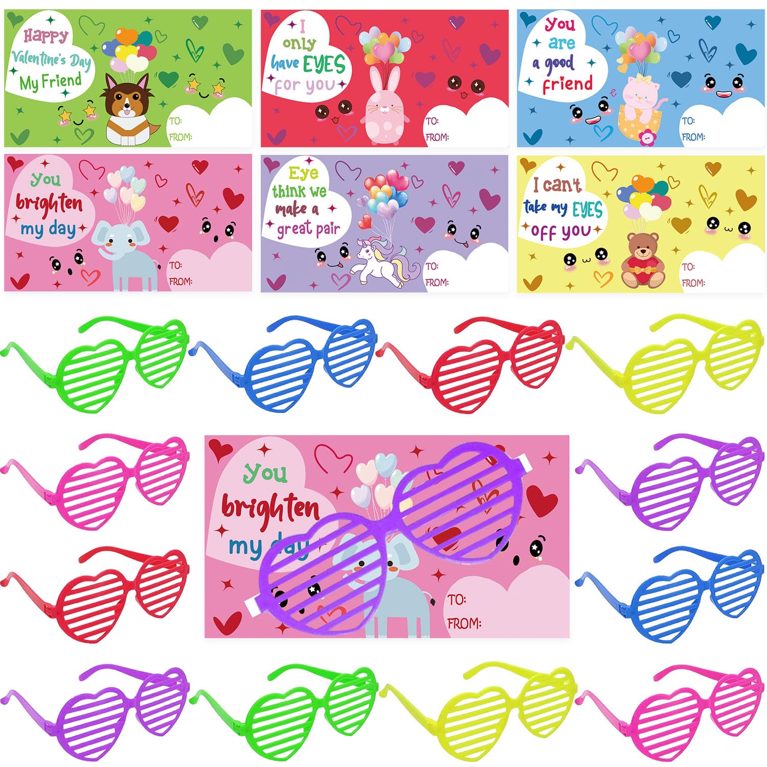 SNMEIKUN 30 Pack Valentines Day Gifts for Kids, Valentines Day Cards for Kids with Plastic Heart Shutter Shaped Glasses Valentine School Classroom