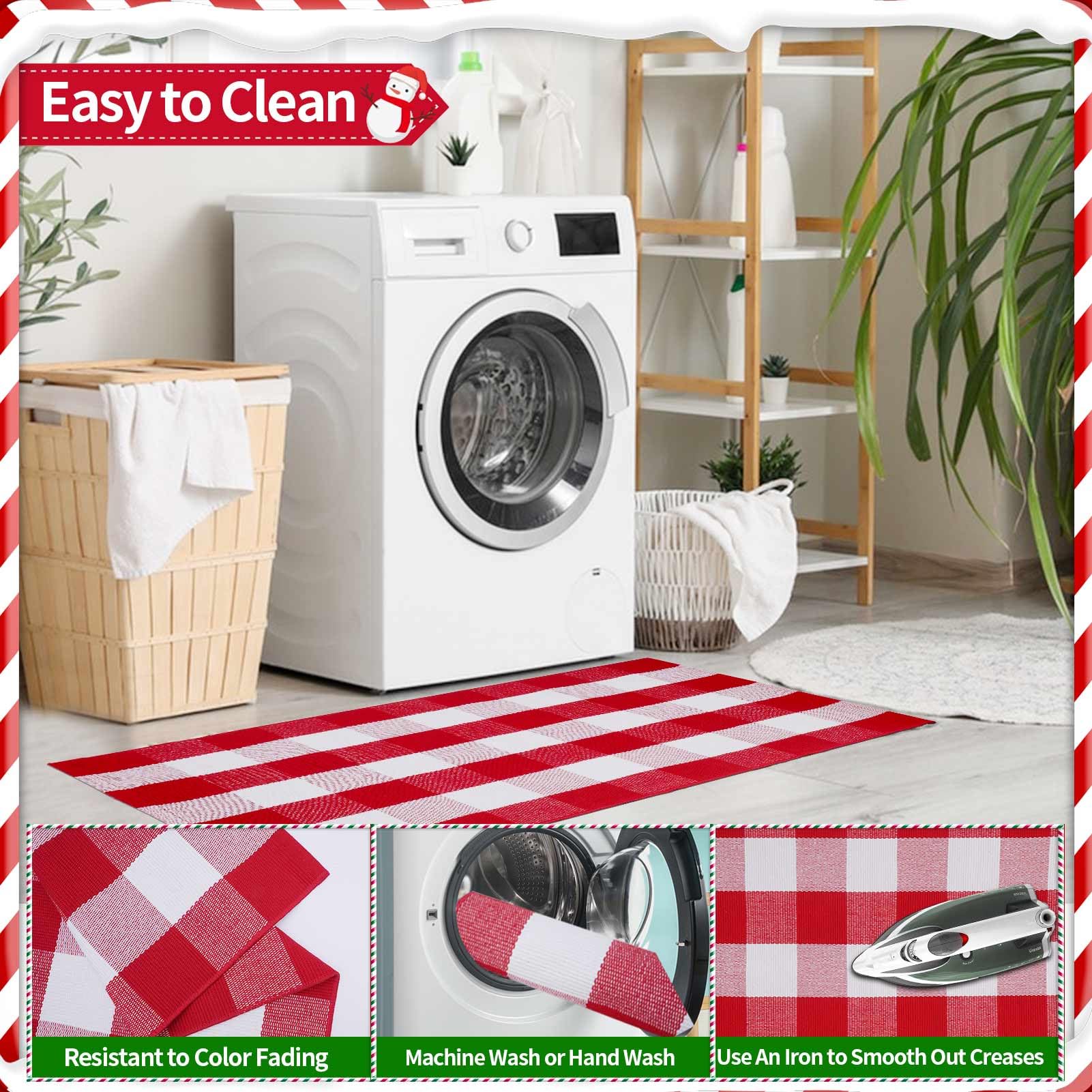 Alfombra de cuadros rojos y blancos de Navidad de 27.5 x 43 pulgadas, tejida a mano para interiores y exteriores, mezcla de algodón, lavable, perfecta para porche, sala de estar, entrada