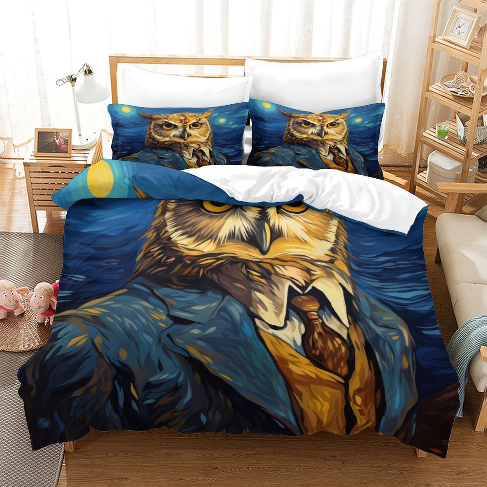 P1S9U7W5Y Artistic Style 3D Printed Owl 3 Piece Microfiber Duvet Cover Set Bedroom Decor Owl Bedding Set for Adults Teens Gift for Home Double（200x200cm）