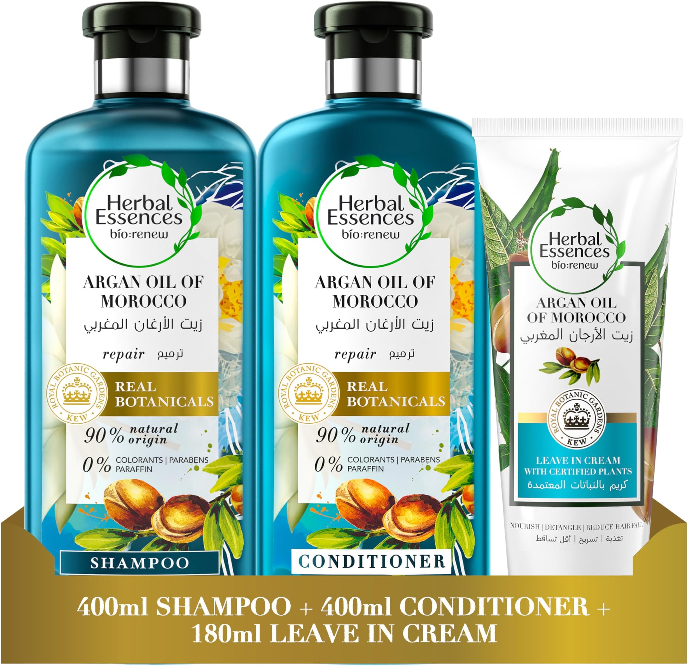 Bio Renew Certified Plants Moroccan Argan Oil Repairing and Smoothing Shampoo,400ml + Repairing and Smoothing Conditioner,400ml + Nourishing Leave-In Cream for Reduced Hair Fall, 180ml