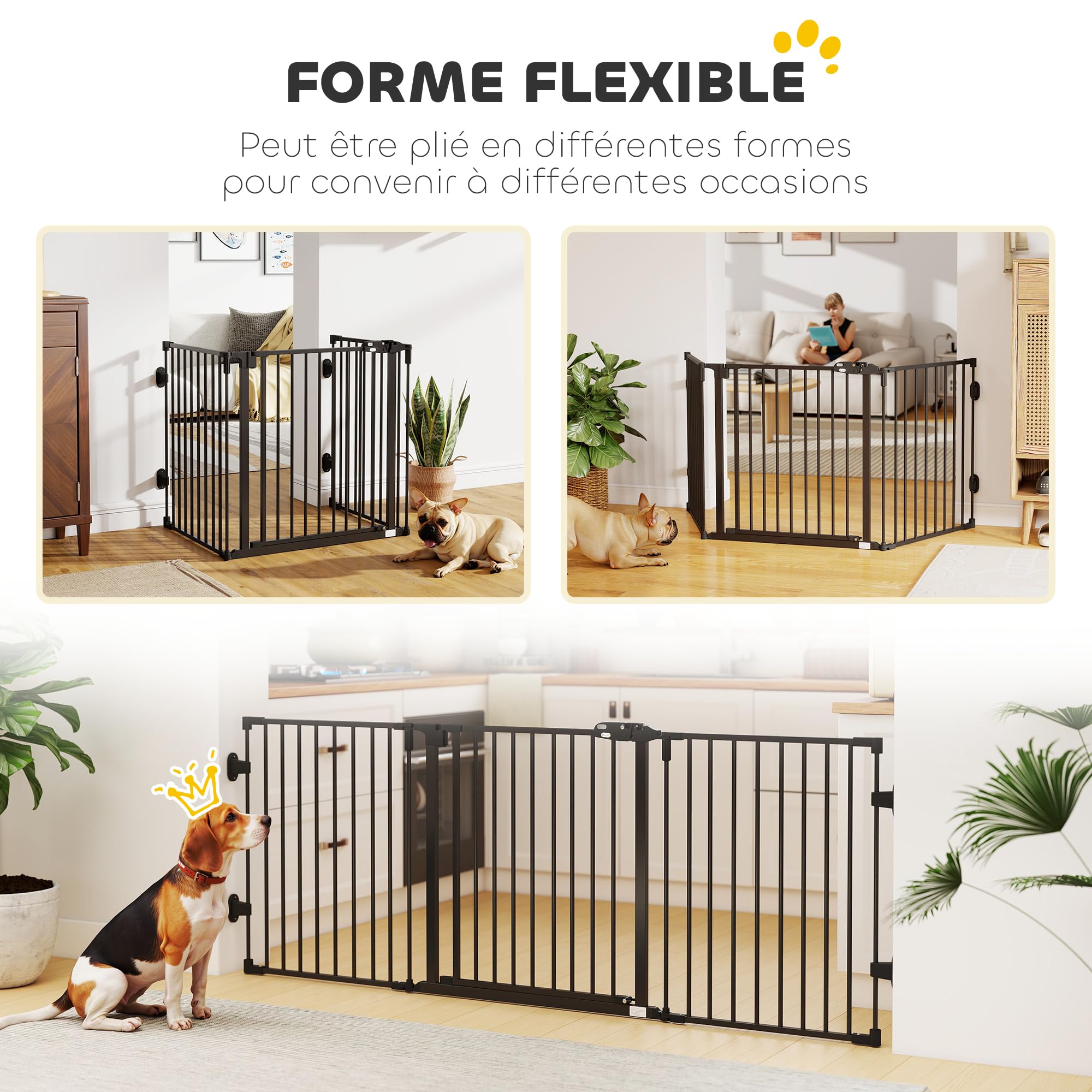 PawHut Barriere de securite Chien Pliable avec Porte en Acier, Barriere de securite cheminée 3 Panneaux modulable Fermeture Automatique, Grille de Protection pour Animaux 202,5 cm, Noir | 3 Panneaux Modulable, Fermeture Automatique, Grille de Protection p