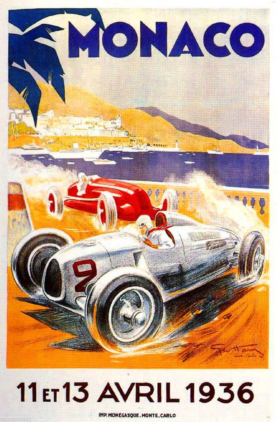Amazon.co.jp: 1936モナコフランスGP自動車レース広告ポスター 10x13.5 