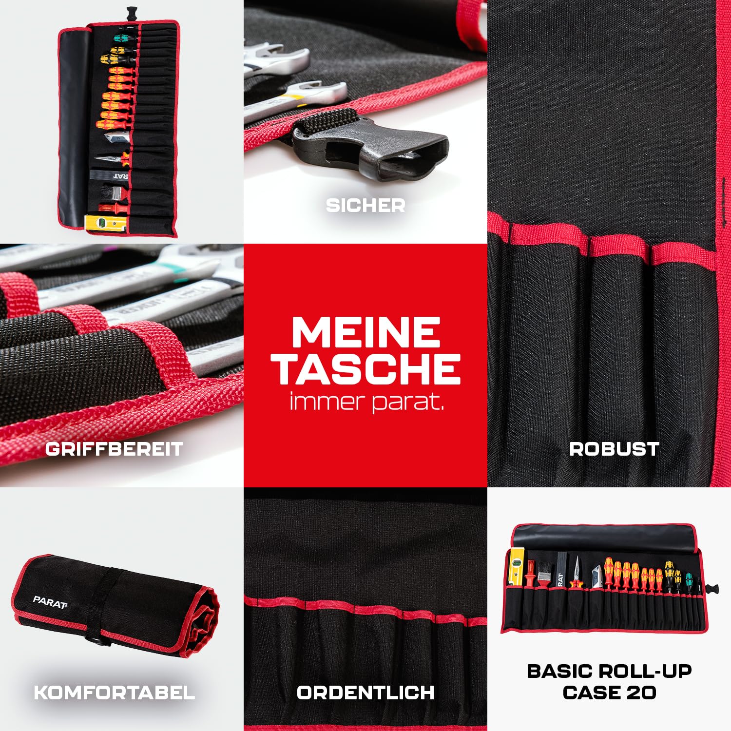 PARAT BASIC Roll-Up Case 20 | zwijana torba na 20 narzędzi z nylonu | kompaktowa torba na narzędzia z zamknięciem wtykowym | pusta rolka na narzędzia dla rzemieślników | torba na narzędzia premium