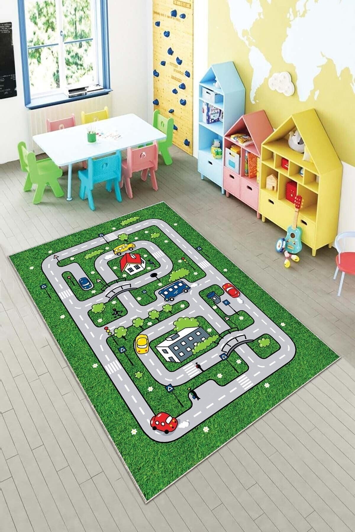 Pelangi Yeşil Araba Yollu Trafik Yıkanabilir Kaymaz Taban Leke Tutmazbebek ve Çocuk Odası Halısı, Koyu Yeşil-Gri 100 x 350, 901357134100350