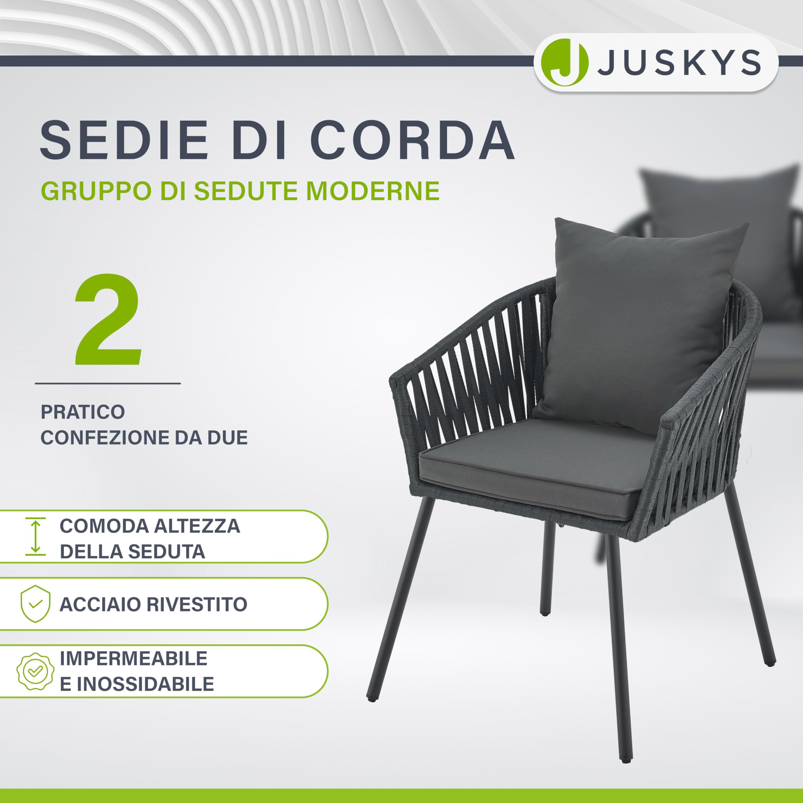 Juskys Sedie da giardino Rope set 2 pezzi – Resistenti alle intemperie – con cuscini per seduta e schienale in poliestere – Grigio scuro