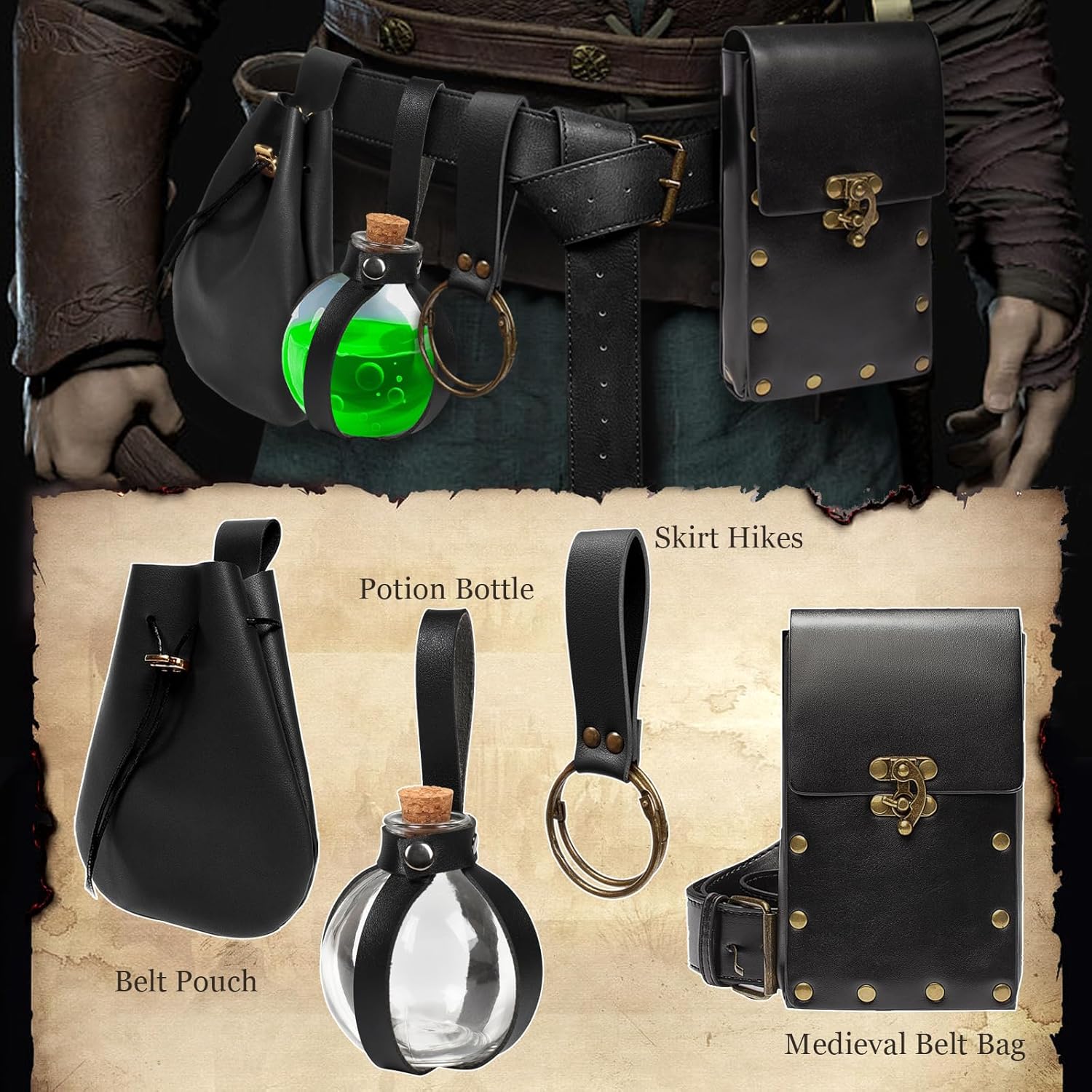 5 PCS Belt Pouch Waist Bag Retro Medieval Viking Leather Belt Magic Potion Bottle Renaissance Halloween Cosplay Costume Sets (Black) - Image 2