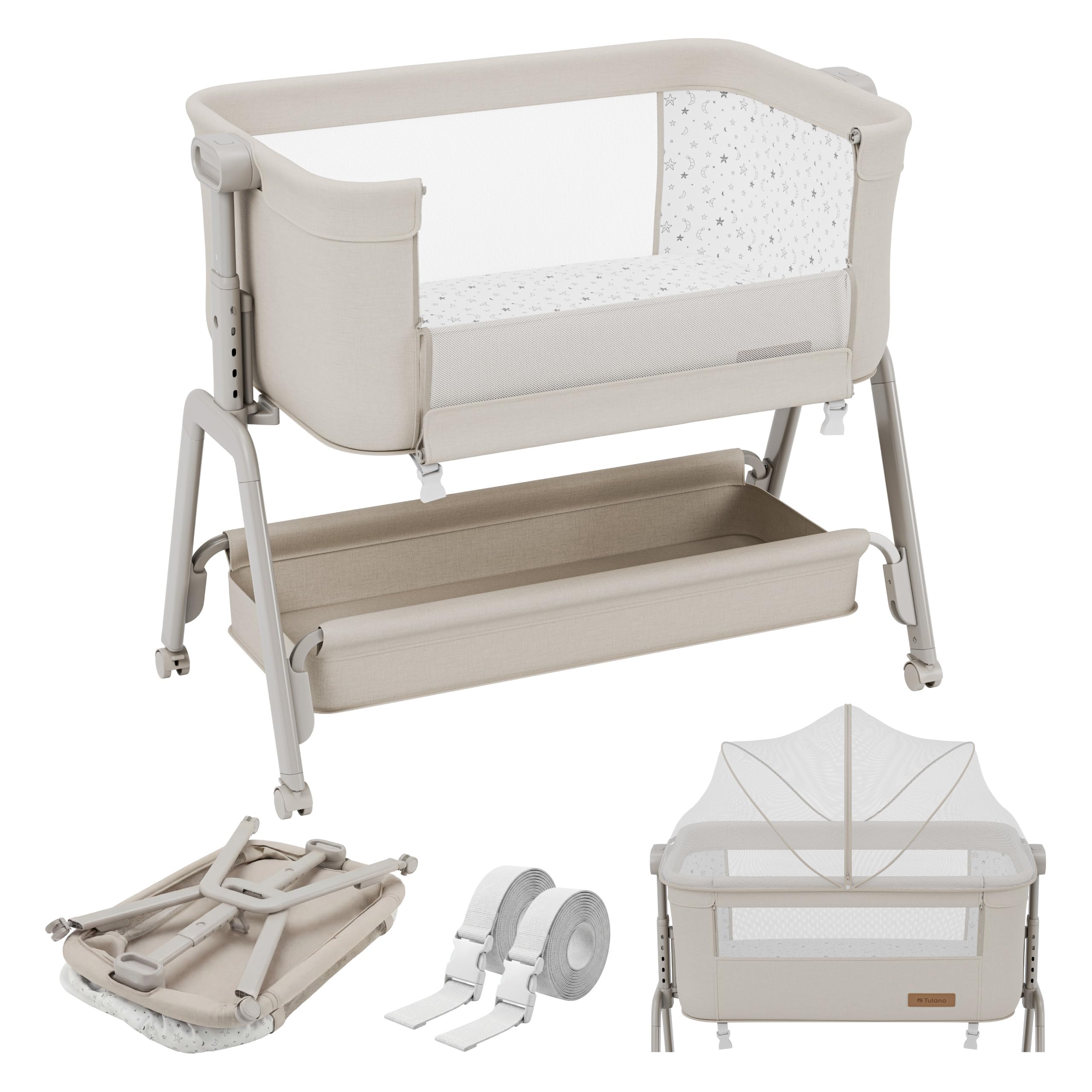 TULANO Dream 50 3in1 Beistellbett Baby mit Rollen - Babybett - Reisebett | mit matratze - höhenverstellbar - bis 9kg - Neigbare Liegefläche - Mit Moskitonetz und Aufbewahrungskorb - Beige