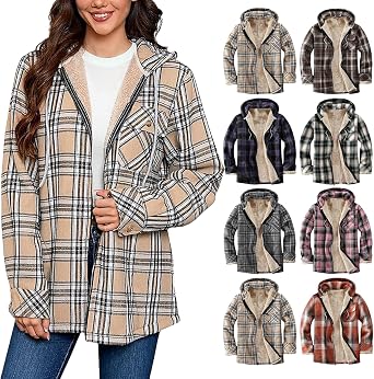 Sherpa Jacket Women Casual Fleece Zip Up Jackets Plaid Flannel Hooded Jacket Winter Warm Coats 2025 with Pockets