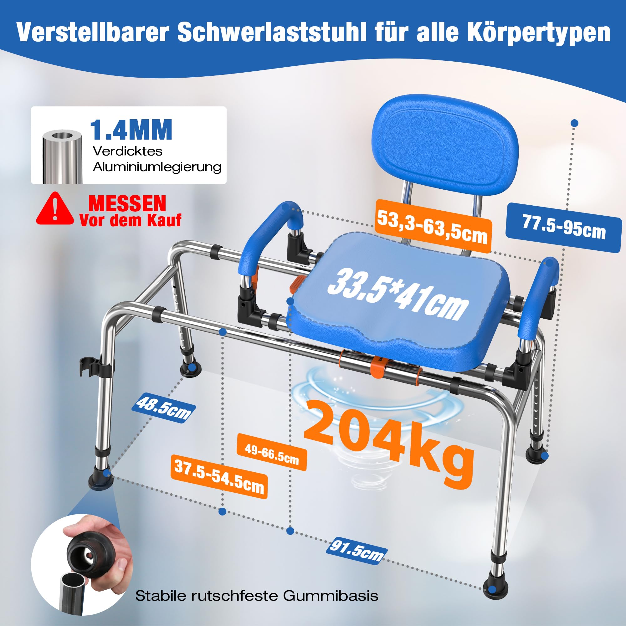 Gleitender Duschstuhl mit 360° drehbarem Sitz, 204kg Wannen-Transferbank | 1,4 mm Luftfahrt-Aluminiumrahmen, 450 lbs Tragkraft. Höhe & Breite verstellbar, 360° drehbarer Sitz