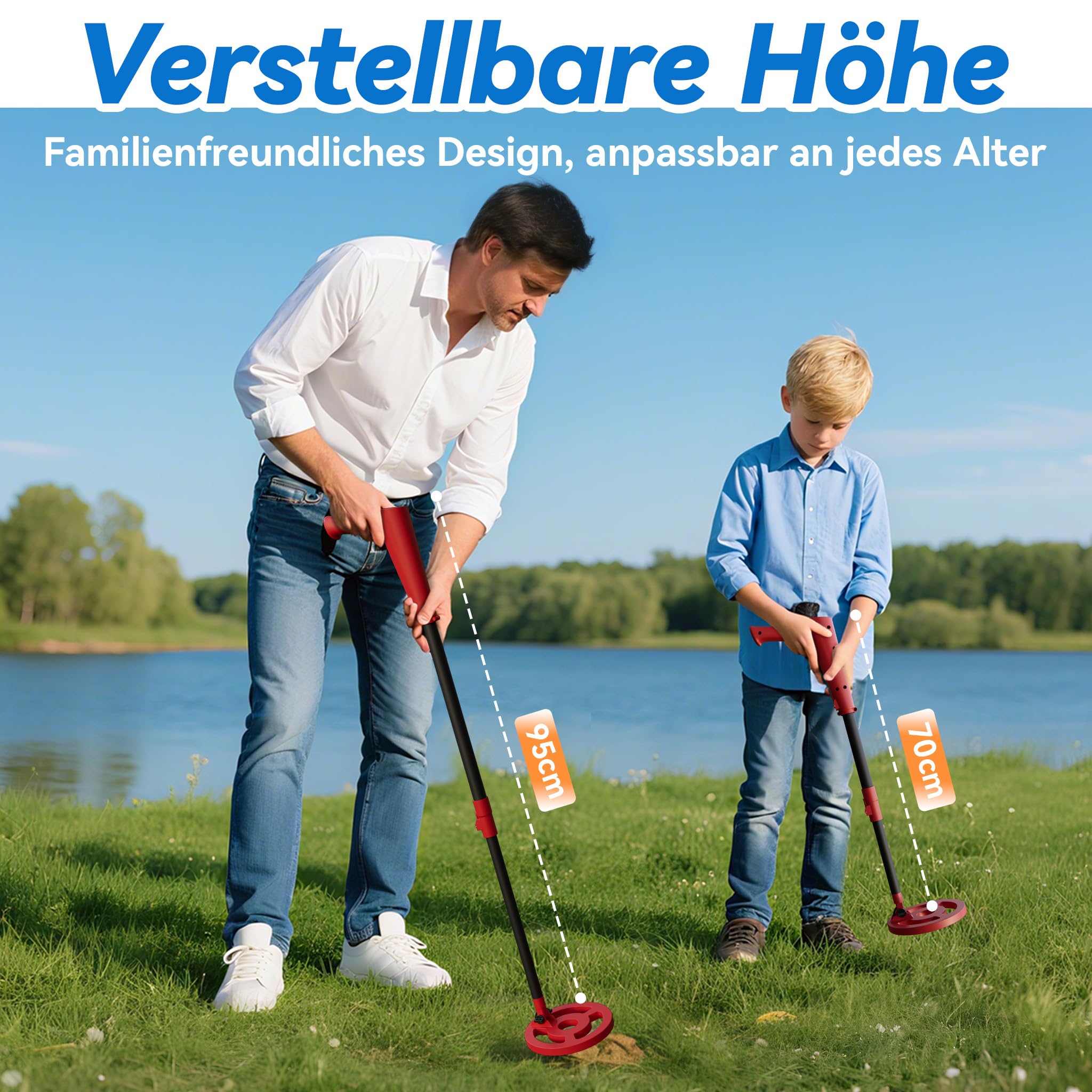 XMTECH Kinder Metalldetektor Rot, Verstellbarer Schatzsucher mit wasserdichter 16,5 cm Suchspule, LCD-Display, Signalton, inklusive Schaufel & Tragetasche, Metallsuchgerät für Kinder & Erwachsene