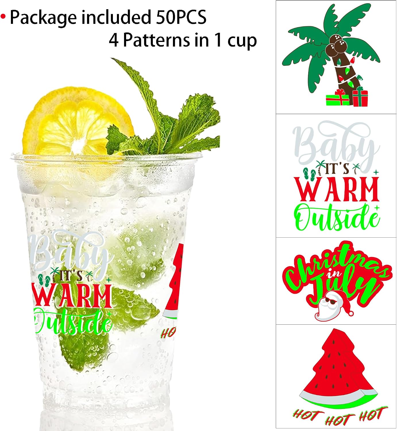 Christmas in July Decorations - 50 Pack 16oz Plastic Cups, Baby It's Warm Outside Drinking Cups, Summer Party Supplies