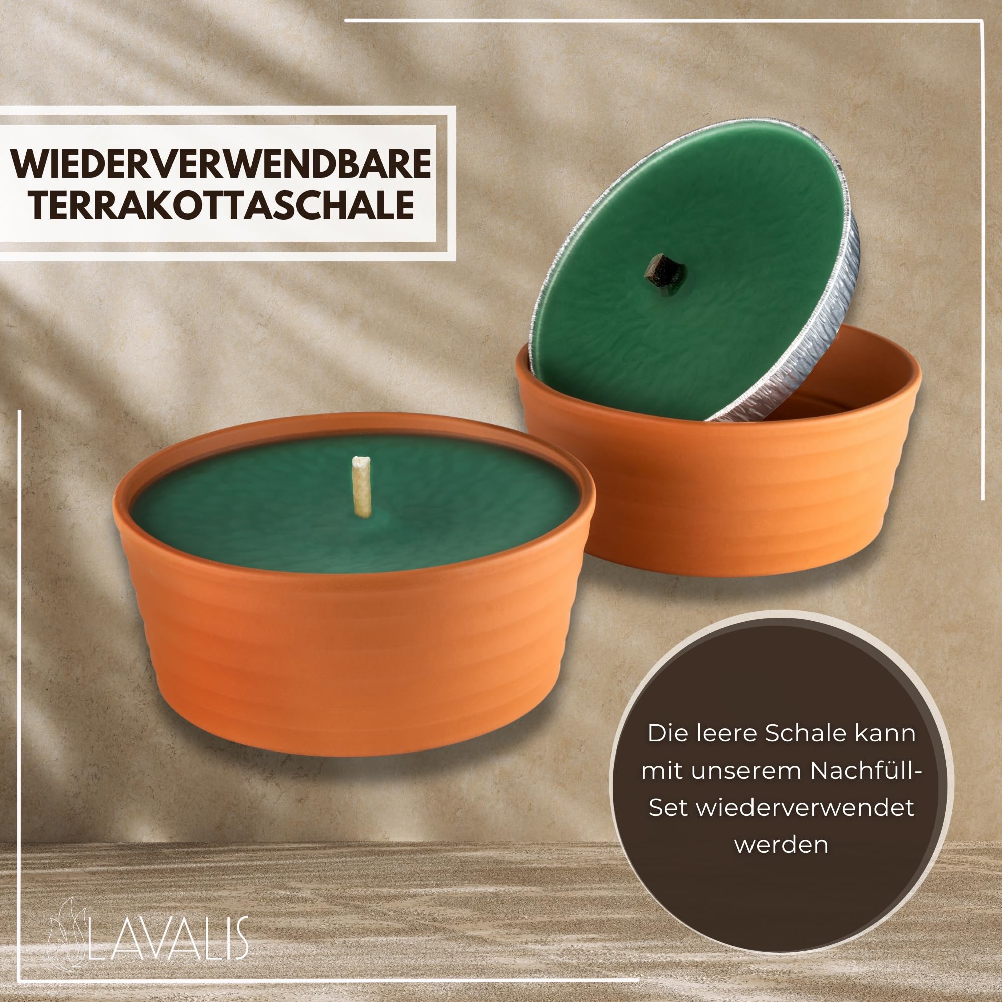XXL handbefüllte Outdoor Kerze aus recyceltem Wachs in Terrakotta-Flammschale, >15 h Brenndauer, 15 cm Flammenhöhe, nachfüllbare Garten-Kerze, für größere Feste, Hochzeit & Party, 18 cm Ø
