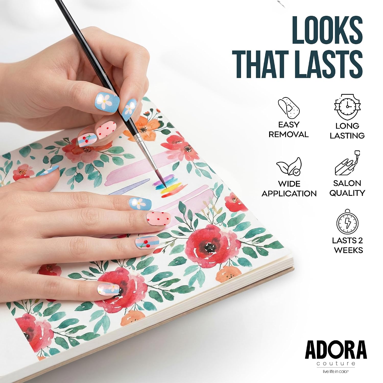 Adora Couture Semi Cured Gel Nail Strips, Summer Joy, 20 Pieces | UV Gel Stickers, Includes Prep Pads, Nail File, Wooden Stick, Easy Application Wraps, UV Light Required
