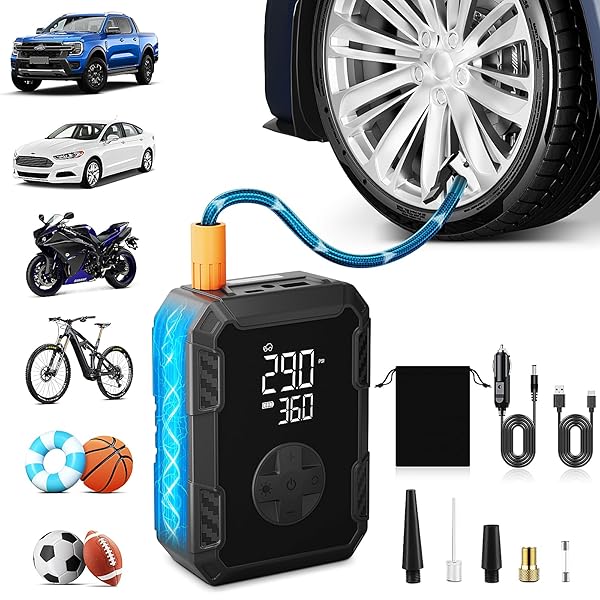 Tire Inflator Portable Air Compressor Wireless & 12V Dual Power, Auto Shut-Off, Digital Display, Fast Inflation & LED Light, for Car, Bike, Sports & Travel