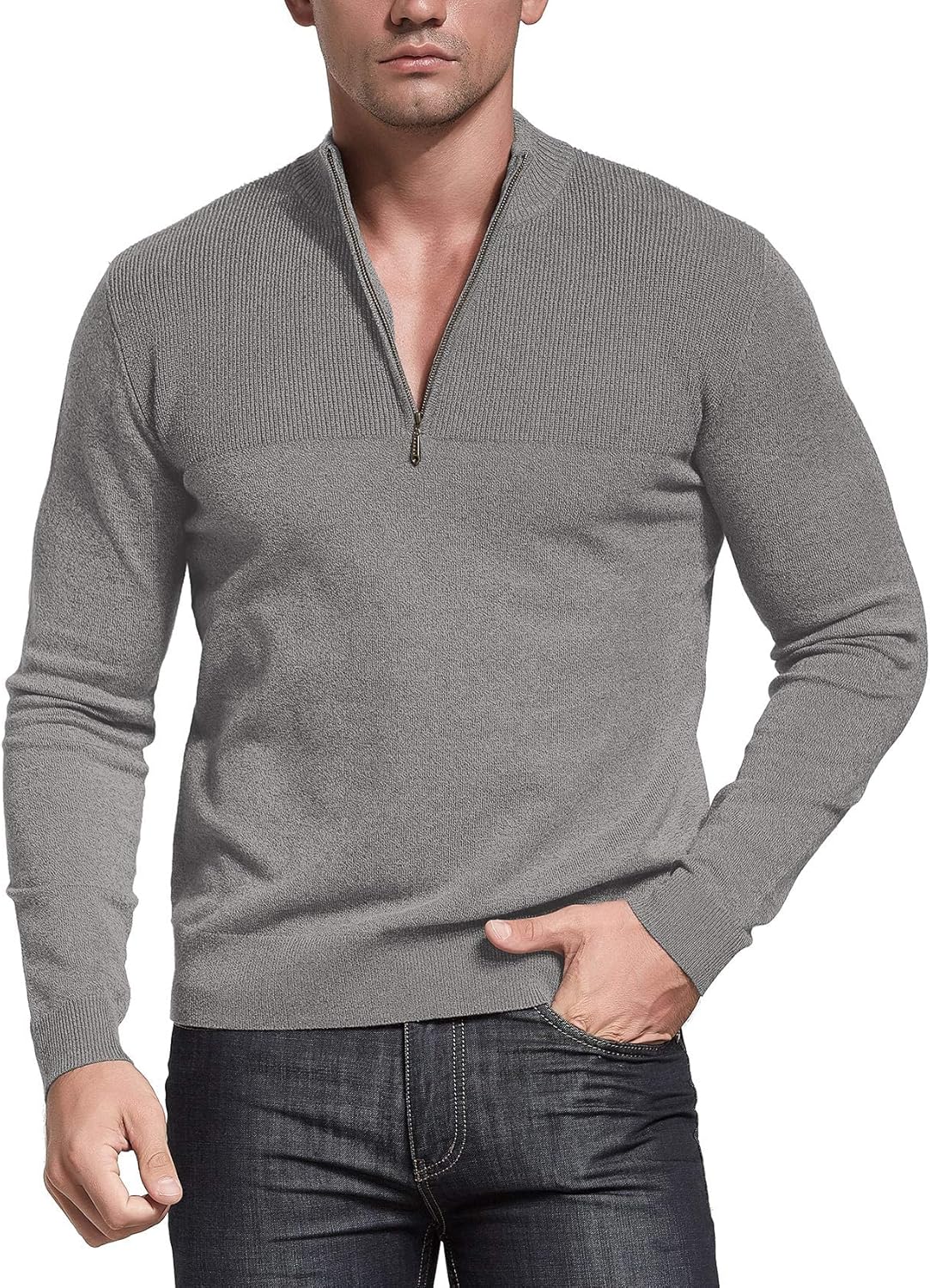 NITAGUT Mens Slim Fit Zip Up Mock Neck Polo Sweater Casual Long Sleeve Sweater and Pullover Sweaters with Ribbing Edge Large Grey