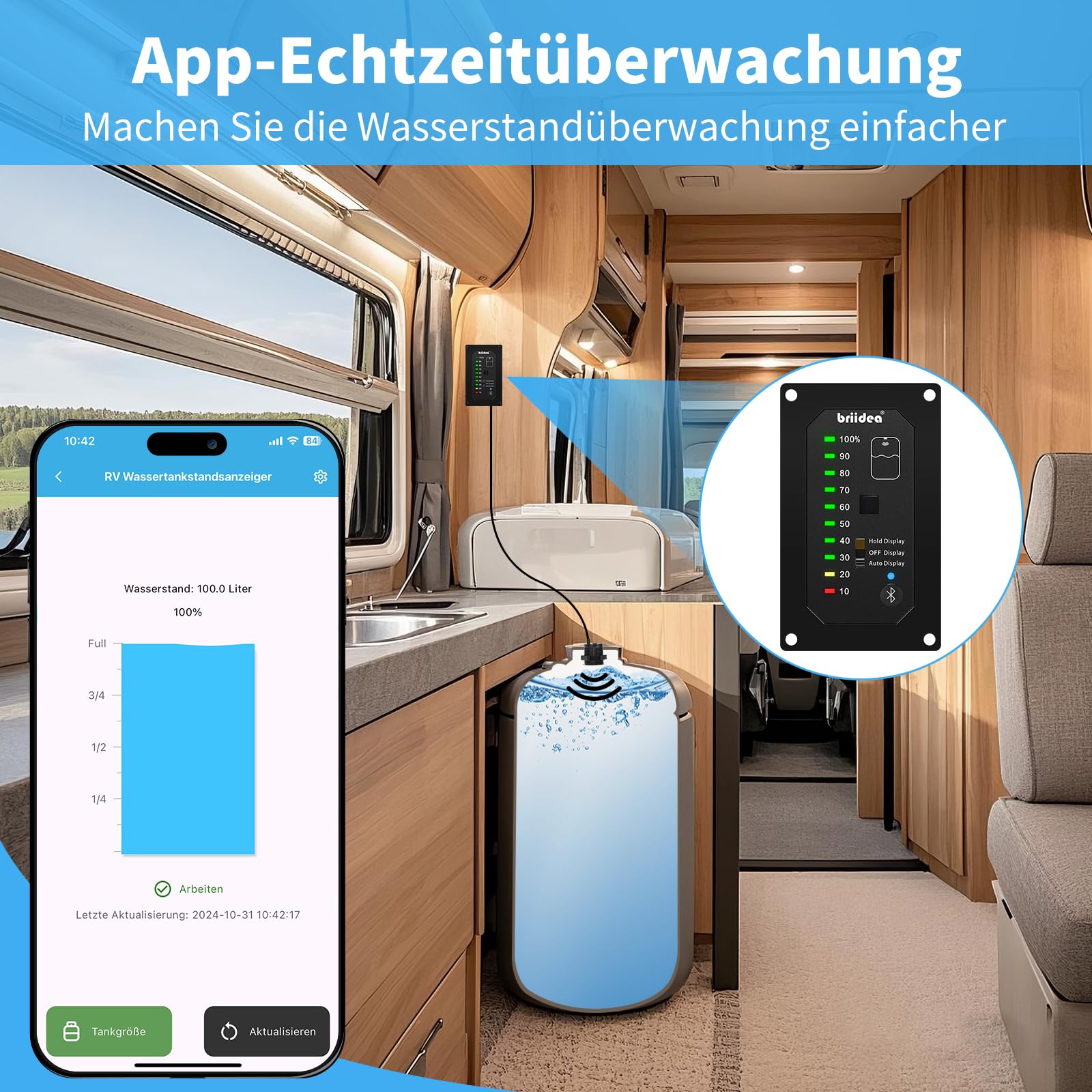 briidea Bluetooth Füllstandsanzeige Wassertank für Wohnmobil mit App & LED-Anzeige, Präzise Messung, Auto-Sense-Funktion, Sicherstellung der Wasserversorgung für Wohnmobile, Boote, Wohnwagen, HRWL