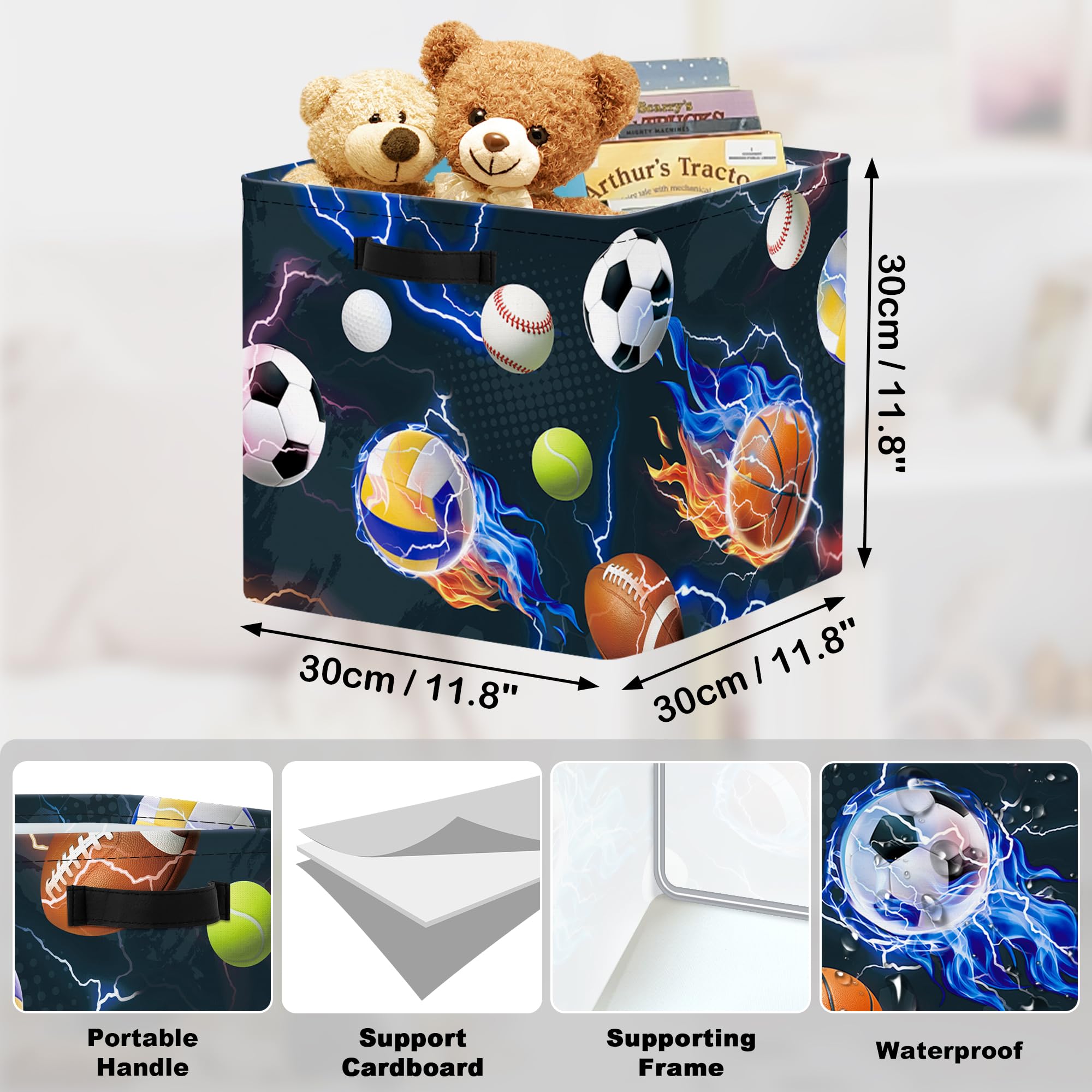 HUUMONSS 11.8" Sport Ball Storage Cube Organizer Set 3Pcs Clothes Storage Basket Bin for Home Basketball Volleyball Kid Book Toy Chest - Image 3