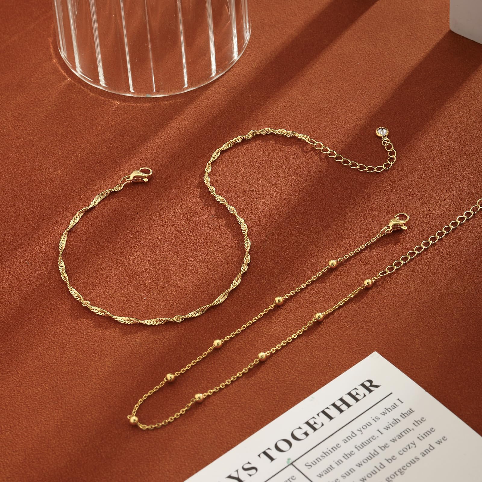 2/3 tobilleras de oro para mujer, impermeables, de eslabones cubanos con cuentas, pulseras apilables chapadas en oro de 14 quilates, regalos de joyería personalizados, no se deslustra, ligeras 6