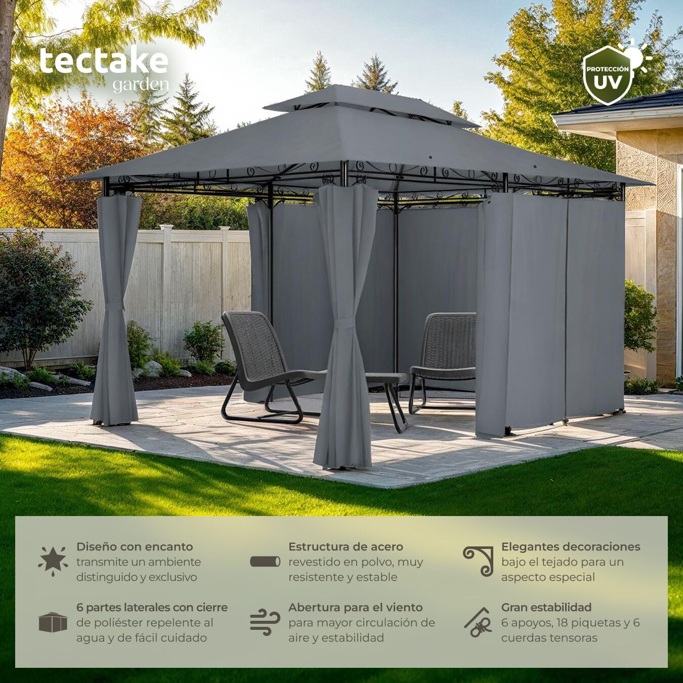 tectake® Carpa Pabellón, Cenador Jardín Exterior, Paneles Laterales, Cenadores para Jardin, Soporte Estable, Pergolas de Jardin, Carpas para Exteriores - 3x4 m Antracita