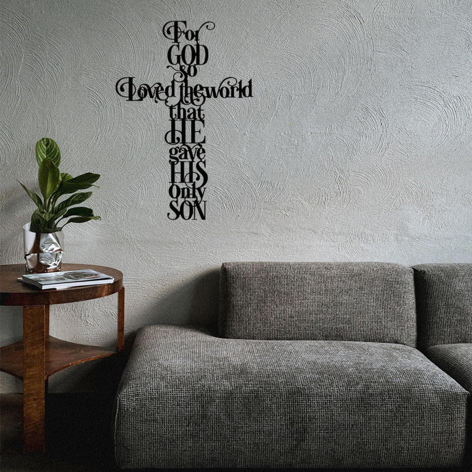 YKANYN Decoración de pared de cruz de metal, arte de pared con texto en inglés "For God So Loves the World", letrero inspirador de cruz espiritual para el hogar, oficina, cafetería