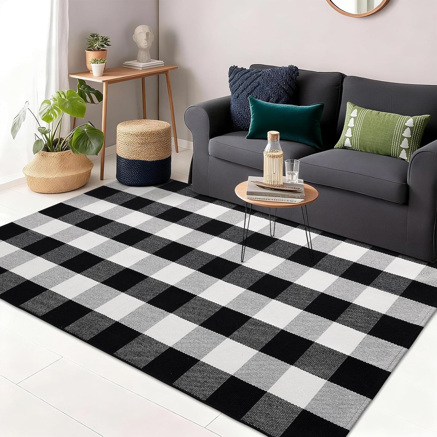Photo 1 of SKYPEA Buffalo Plaid Rug 3' x 5', Black and White Washable Farmhouse Checkered Rug, Non-Slip Indoor Outdoor Floor Mat for Living Room, Bedroom, Entryway, Kitchen, Laundry Room, Patio, Porch