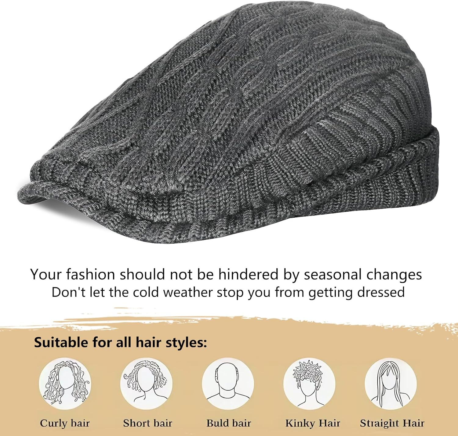 Winter Knit Hats with Visor Warm Fleece Men Flat Cabbie Hat Snow Ski Beanie Cap with Brim for Cold Weather - Image 2