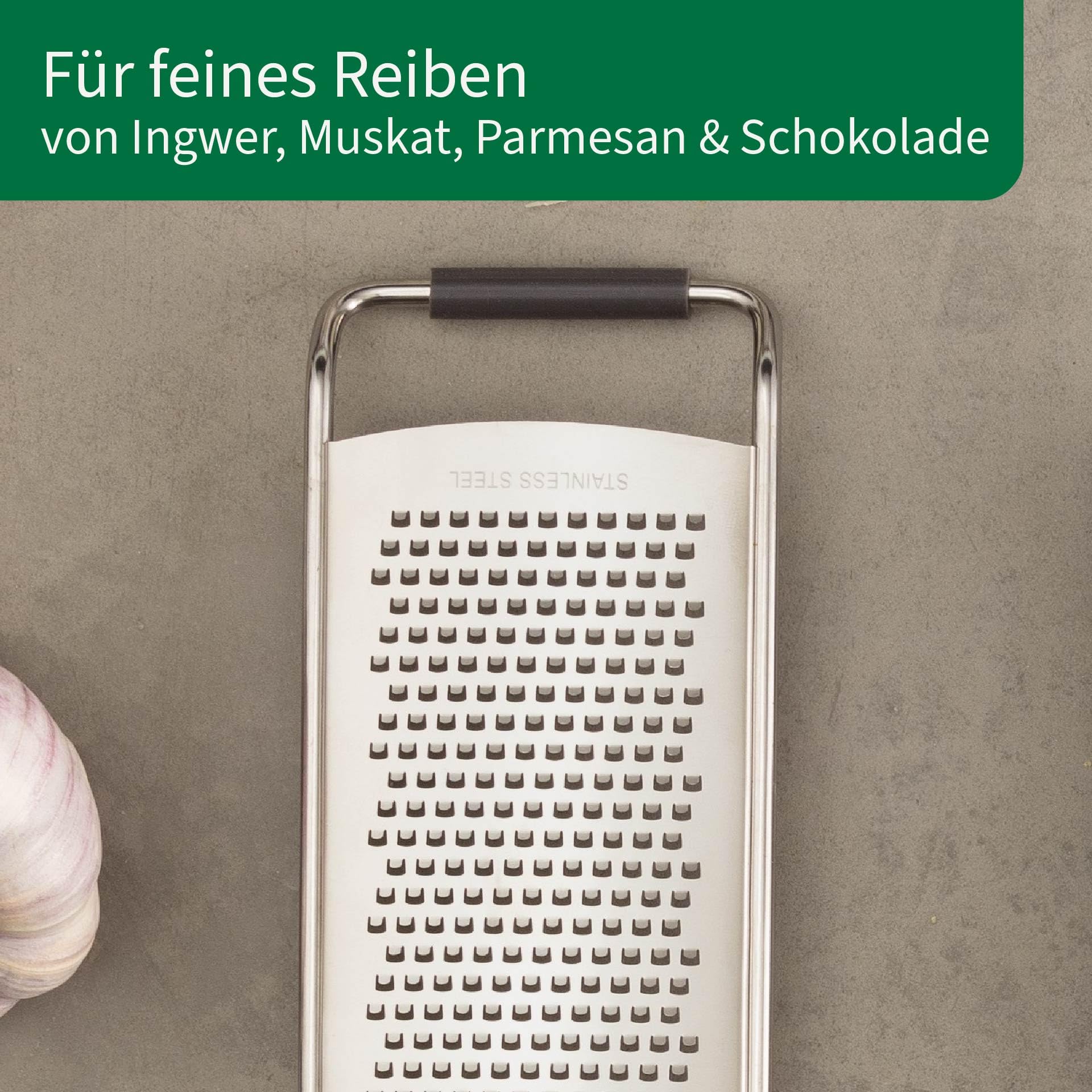 Chefkoch trifft Fackelmann – Rallador de acero inoxidable premium para rallar finamente jengibre, nuez moscada, parmesano y chocolate, apto para lavavajillas