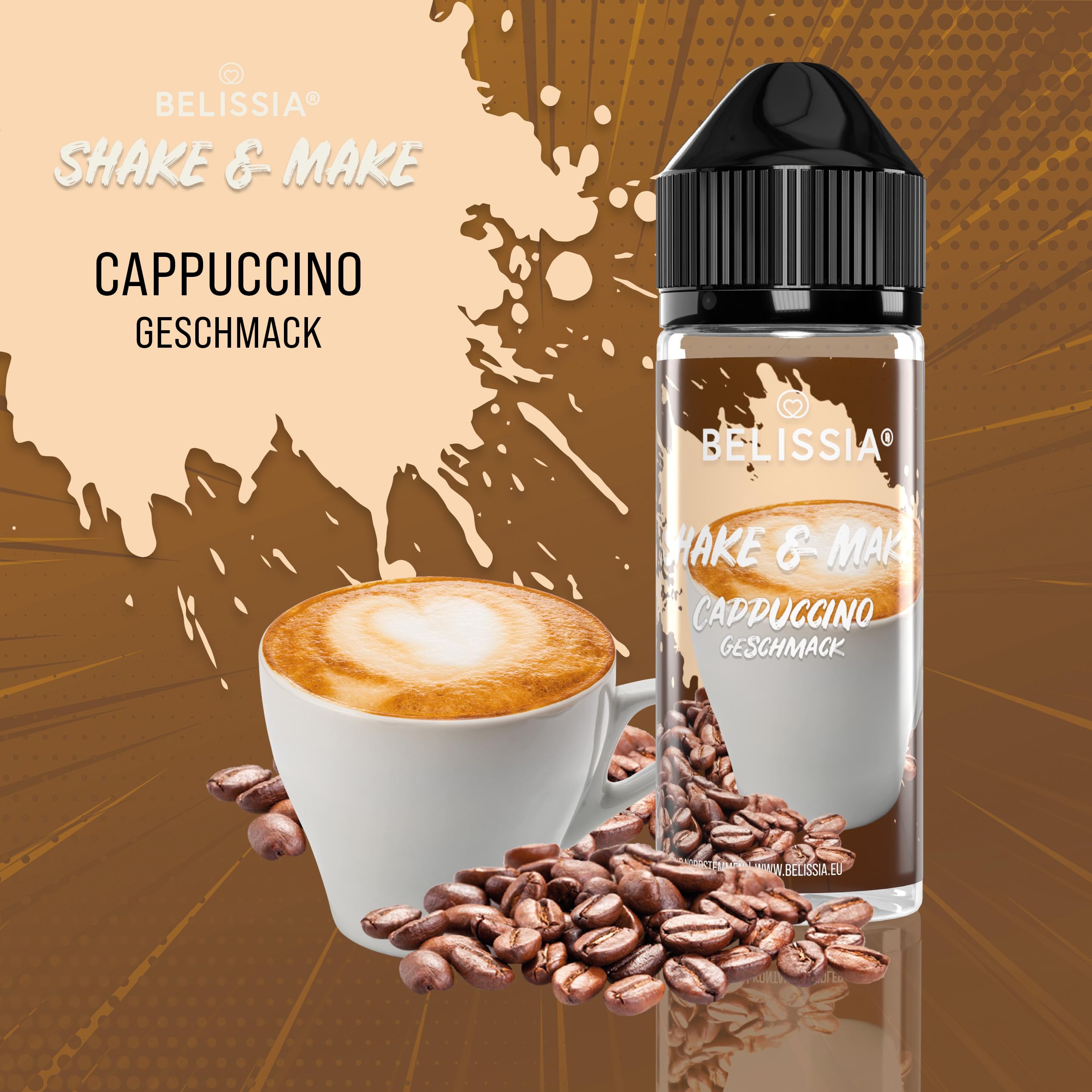 Belissia Shake and Make - Geschmack Cappuccino - Hochdosiertes Lebensmittel Aroma 10ml mit praktischer Schüttelflasche zum mischen. Für Lebensmittel, Kochen, Backen, Hobby, Raumerfrischung uvm.