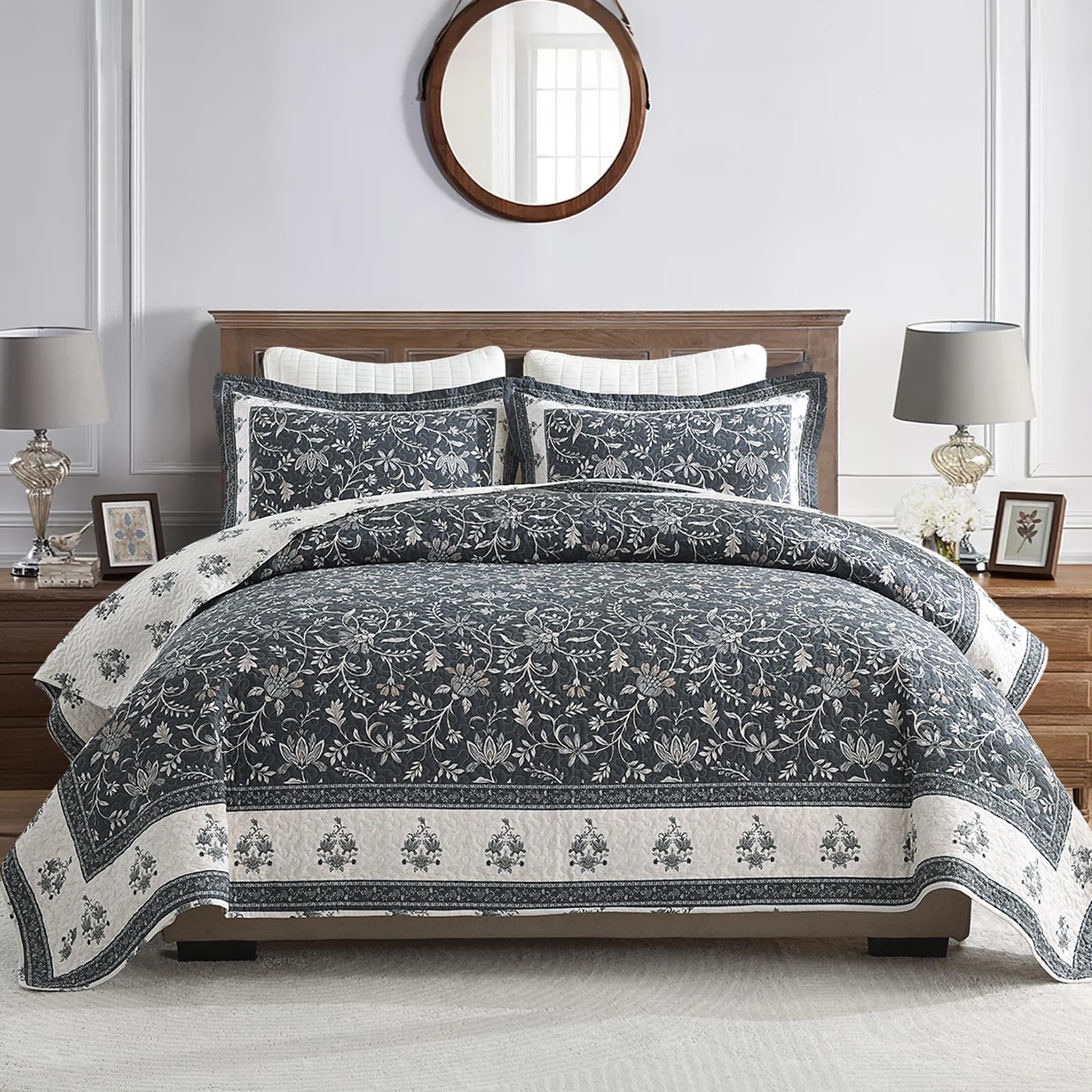 Photo 1 of FineStichery Cotton King Quilt Set - Botanical Design