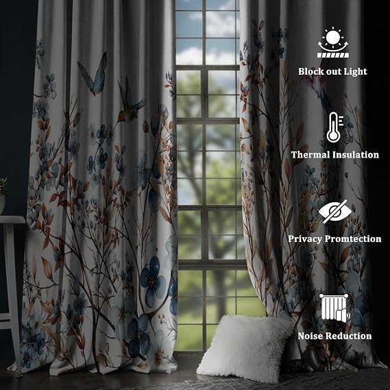 AWERT Watercolor Floral Bird Window Curtains 4284 2 Panel Blackout Drapes