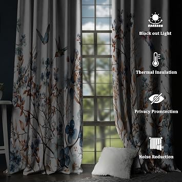 AWERT Watercolor Floral Bird Window Curtains 4284 2 Panel Blackout Drapes