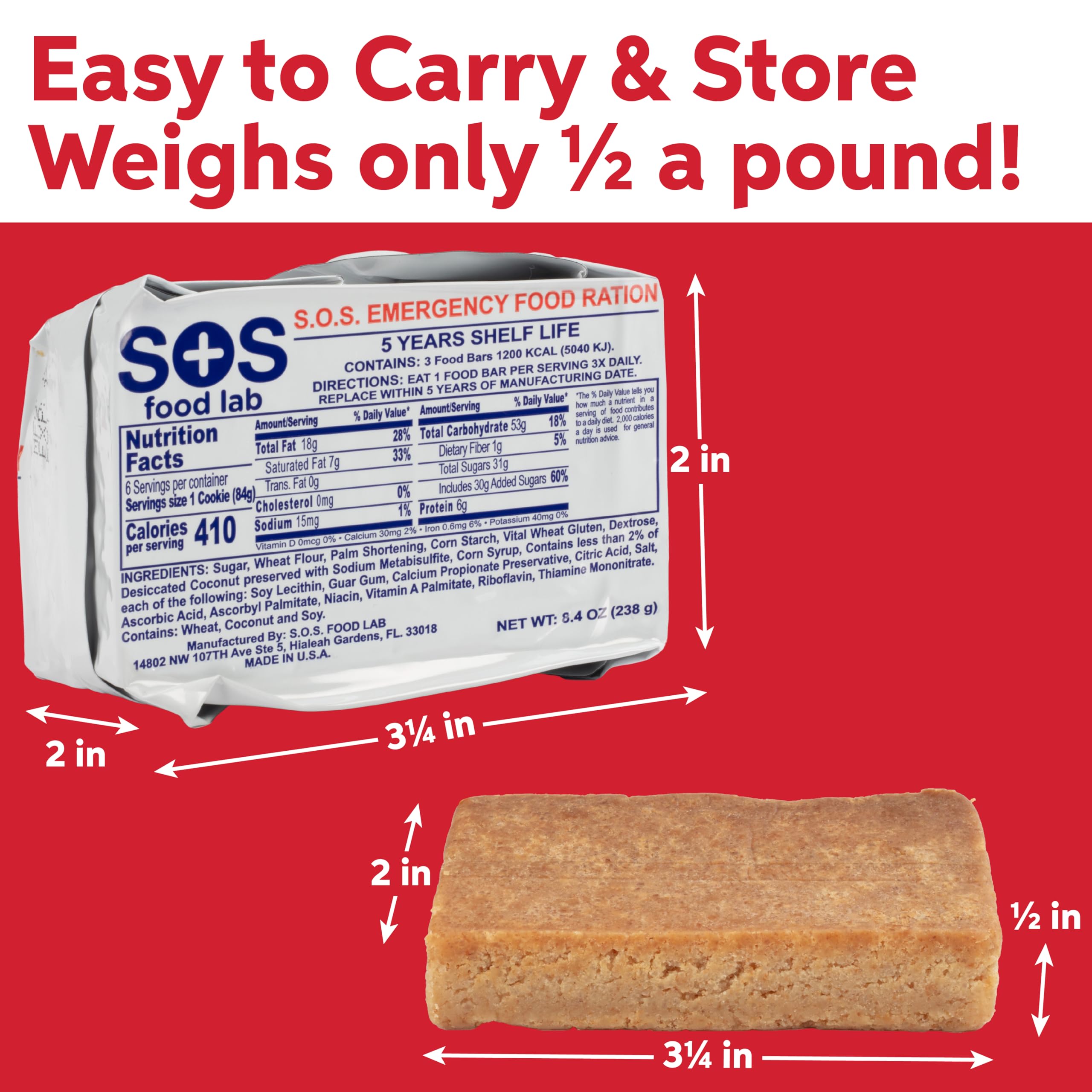 SOS Food Lab - Barretta alimentare di emergenza, 1200 calorie (5 biscotti di pasta frolla), 1 giorno/24 ore, pronto da mangiare, per campeggio, escursionismo, preparazione alle catastrofi, 5 anni di