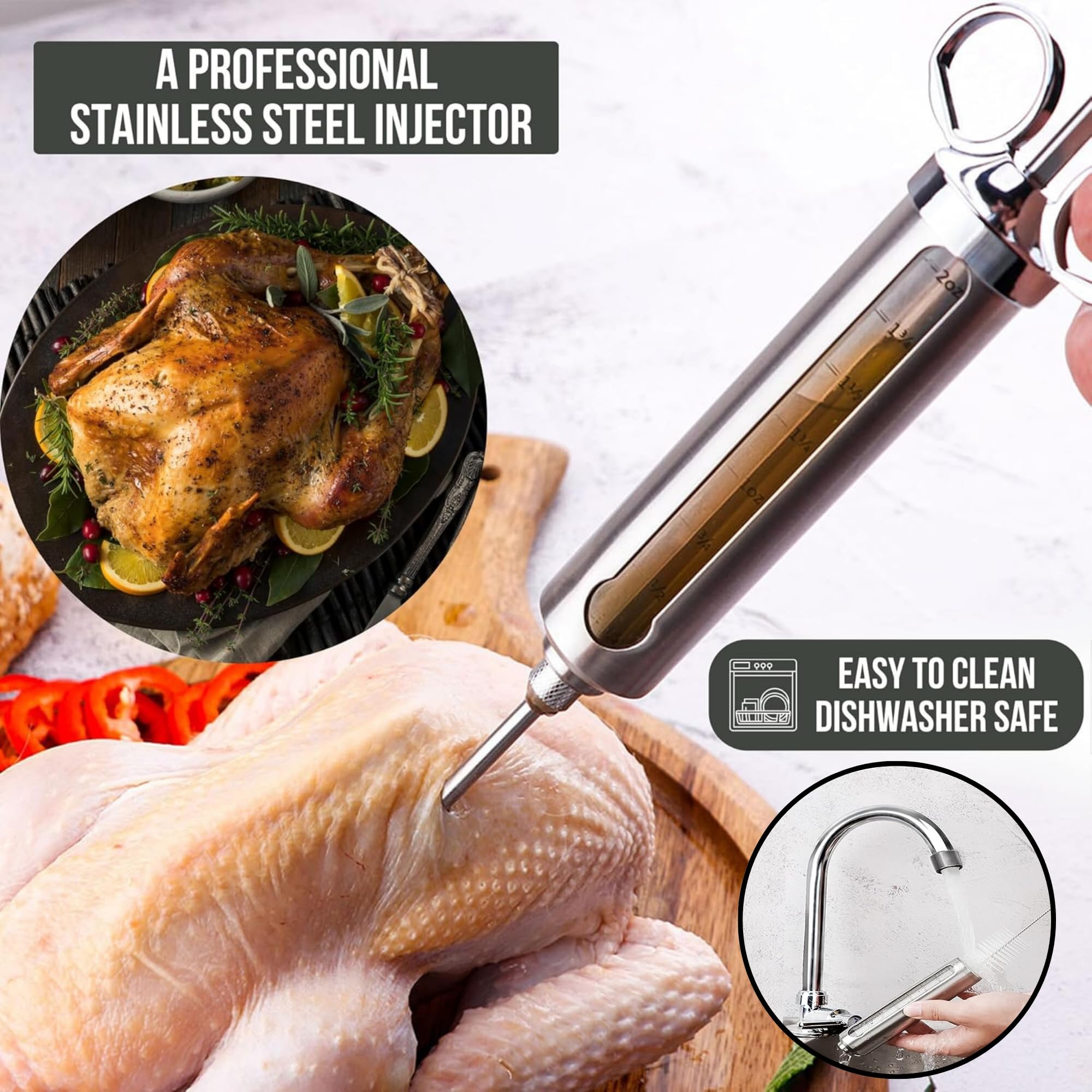 Professionelles Fleischspritzen-Set zum Räuchern und Grillen von Truthahn, Bruststück und Grill, großer Edelstahl, 57 ml Fassungsvermögen, kein Auslaufen oder Verstopfen, Fleischzerkleinerungskrallen
