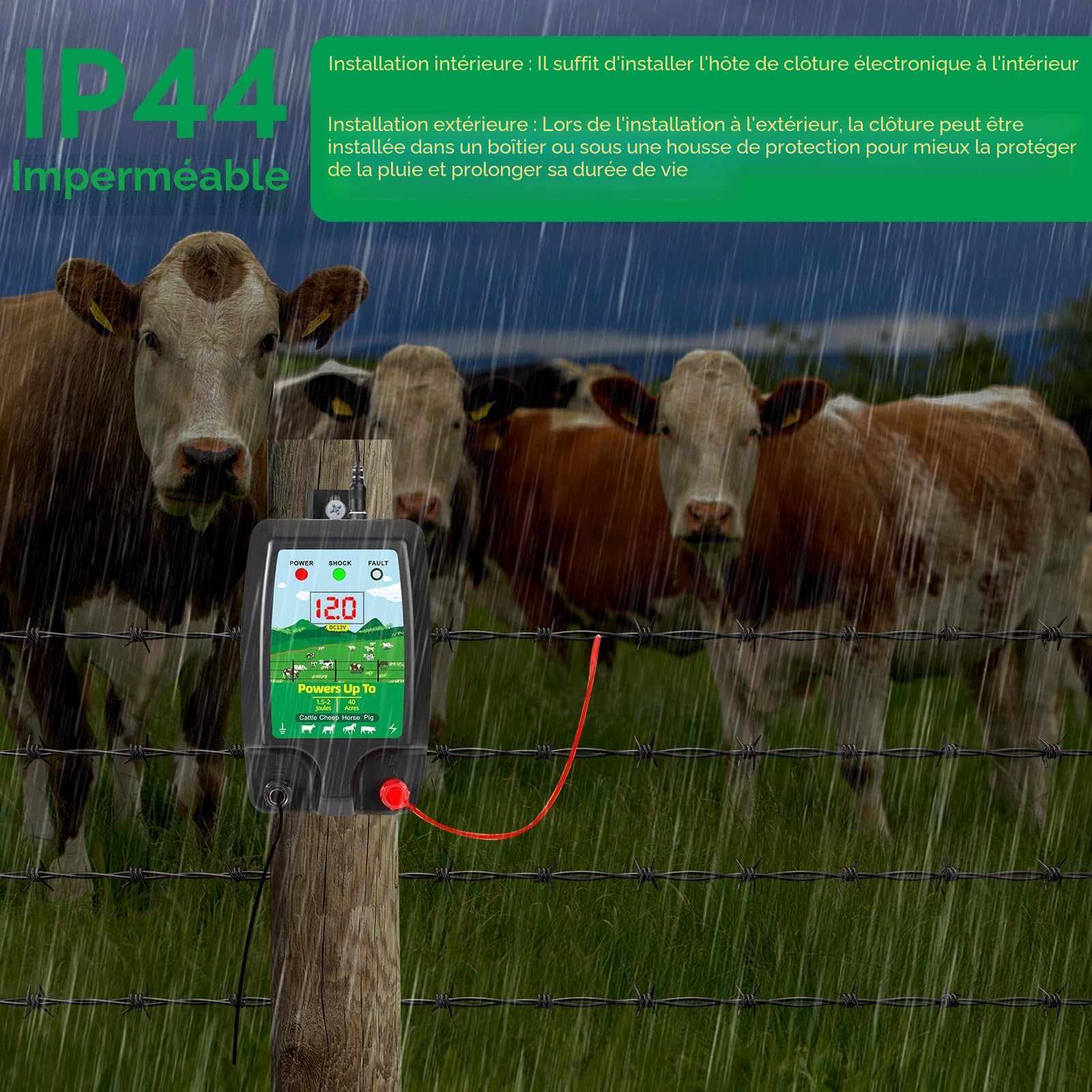 Dispositif de clôture électrique 12 V avec affichage LED, portée 15 km, 2 Joules, 12 kV, pour la protection des animaux de ferme, de la volaille, des pâturages et des jardins (B)