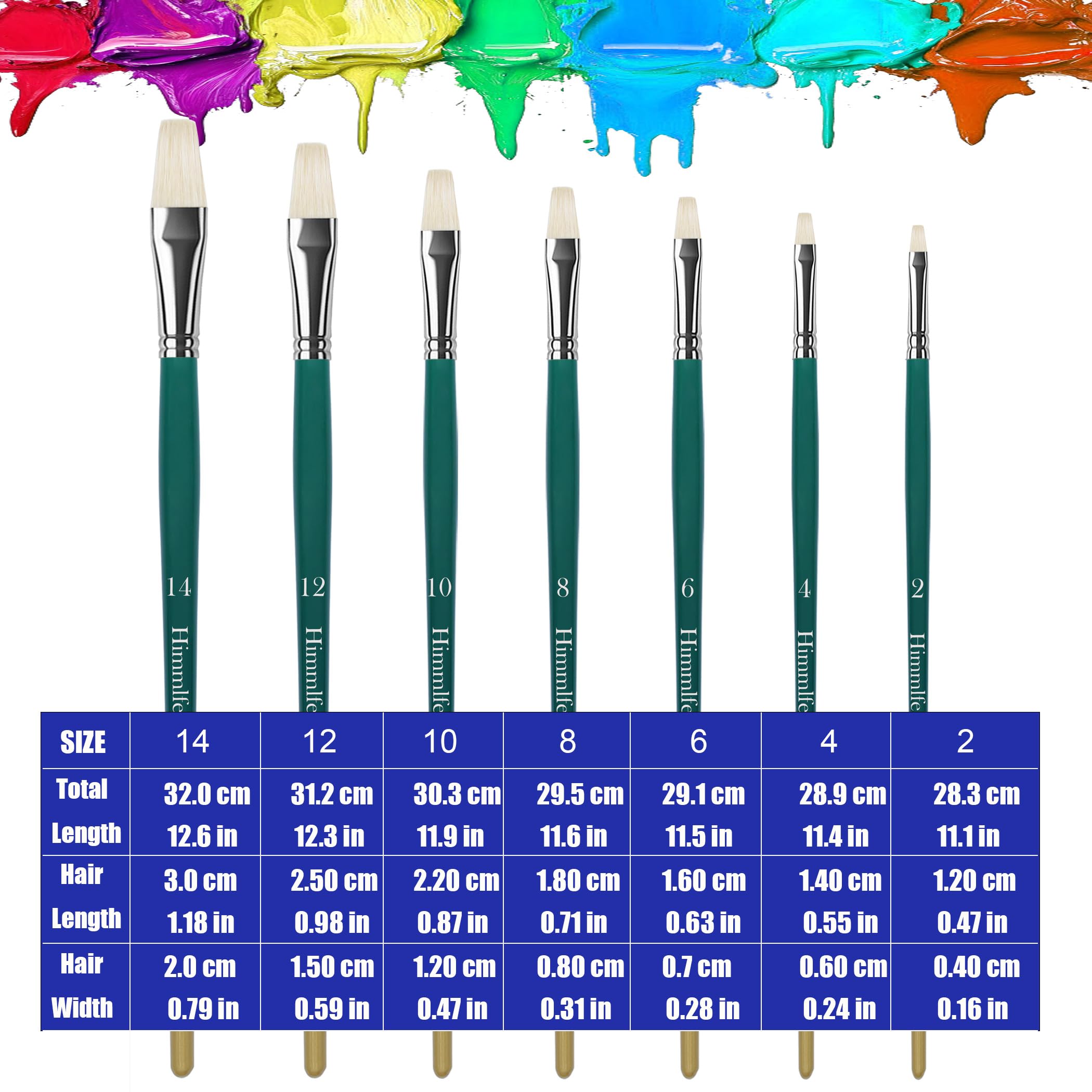 set di pennelli piatti, 7 pezzi pennelli piatti con setole di maiale per pittura a olio, acrilico e guazzo