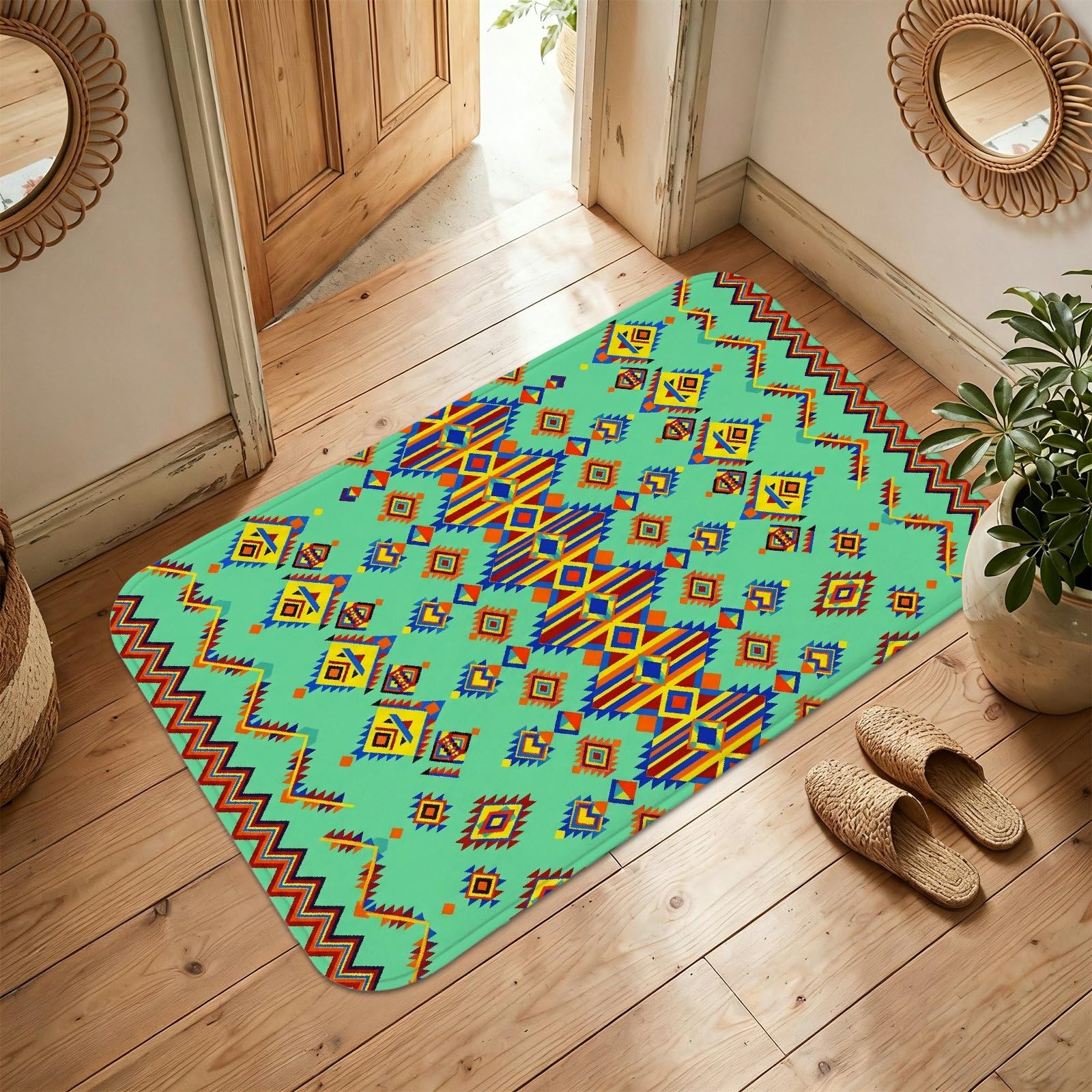 Tapis ethnique bohème turquoise antidérapant idéal pour la salle de bain