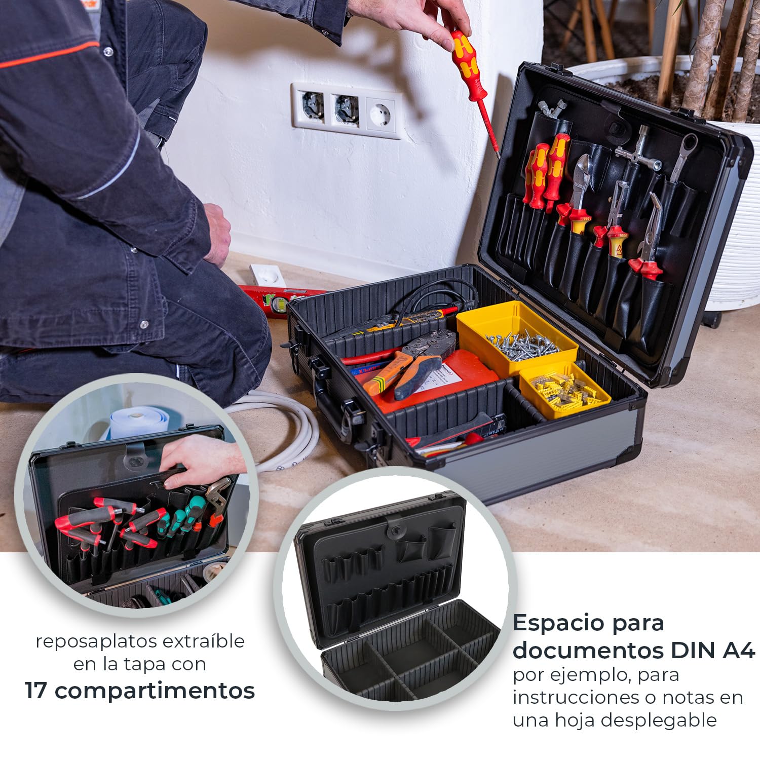 HMF Maletín de herramientas de aluminio vacío con 17 compartimentos insertables, Maletín grande con división interior ajustable | 46 x 33 x 15 cm | Antracita-Negro