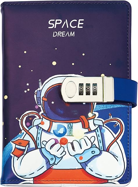 NectaRoy A5 Lockable Diary Travel Journal, PU Leather Space Astronaut Pattern Password Notebook Sketchbook, Office School Supplies Student Stationery Birthday Gift, Pen Holder&Card Slots, 215x145mm