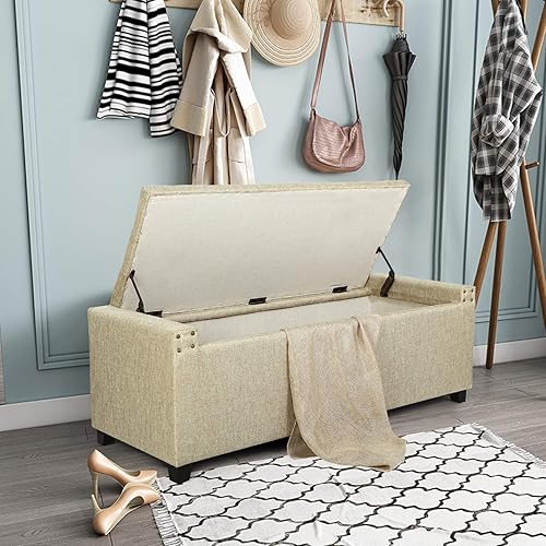 Miniatura 33 de Adeco Otomana de almacenamiento, banco tapizado rectangular de piel sintética con patas de madera, reposapiés, mesa de café para sala de estar,