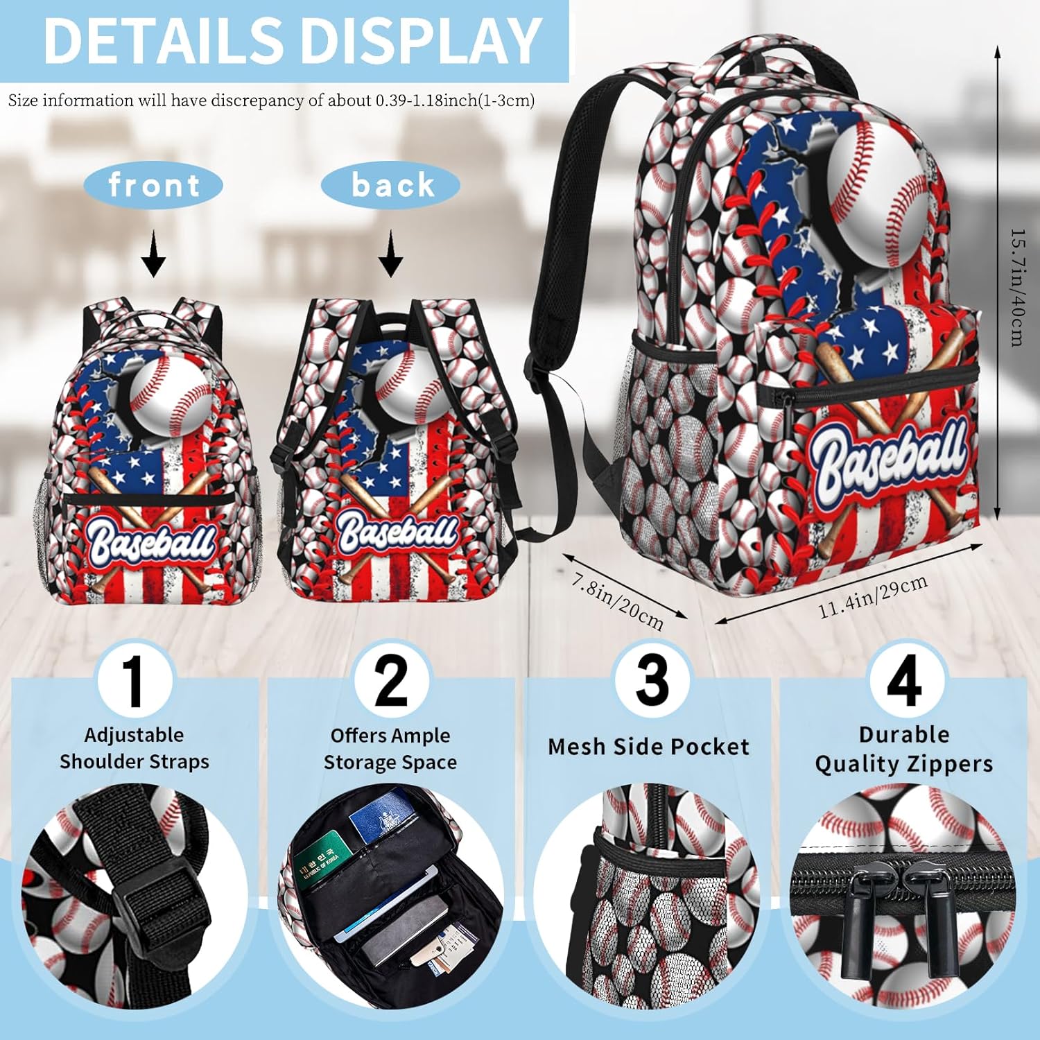 Baseball School Backpacks for Boys 8-12 American Baseball Boys Backpack for Kids Children Teens Elementary Middle School Students Bookbag Lightweight Travel Daypack Back Pack - Image 2