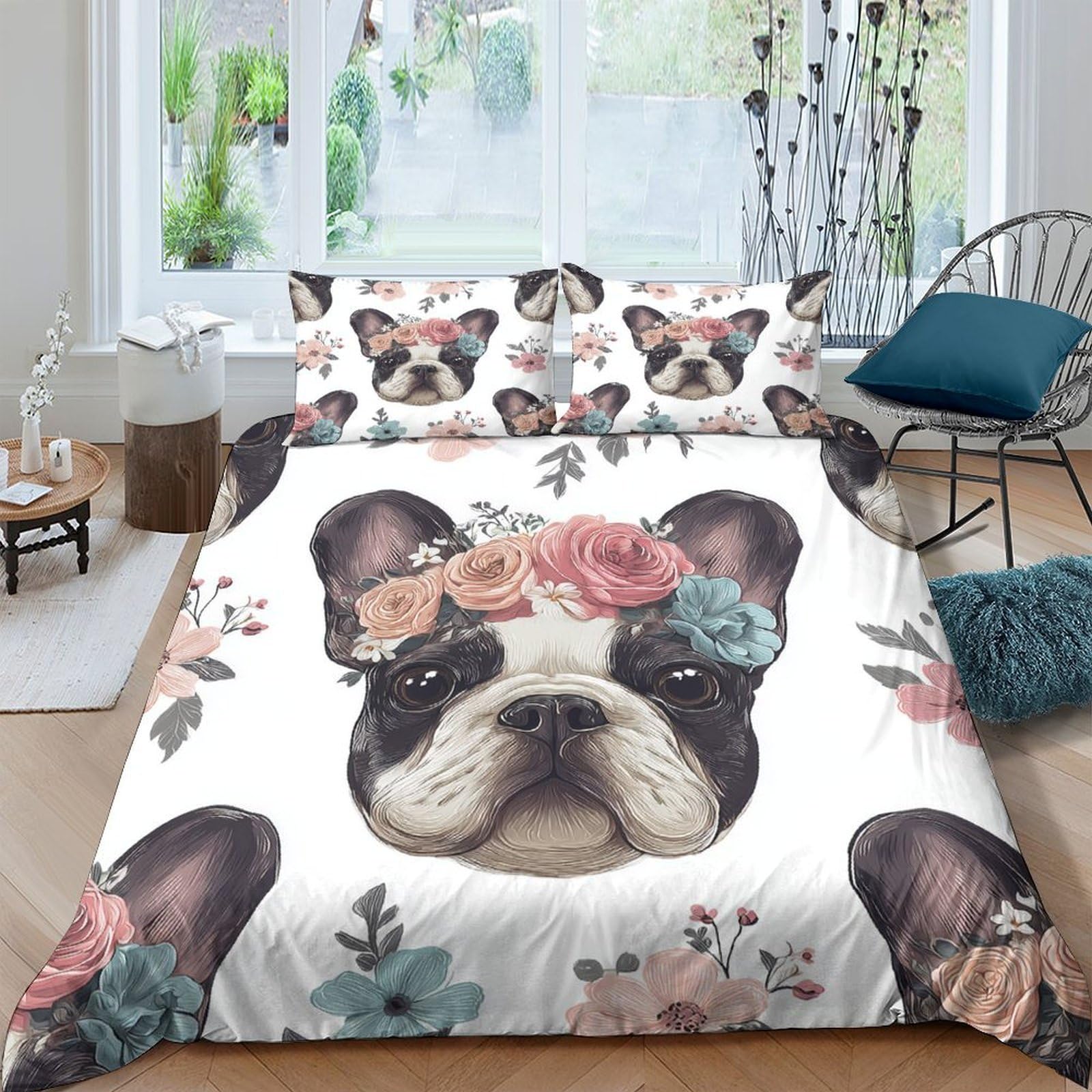 Ctjqhvkz Style-10 3D Printed Floral Bulldog Fitted Sheet Microfiber Soft Breathable Dog Bed Cover For Bedroom Guest Room Dorm Decor Single（135X200cm）