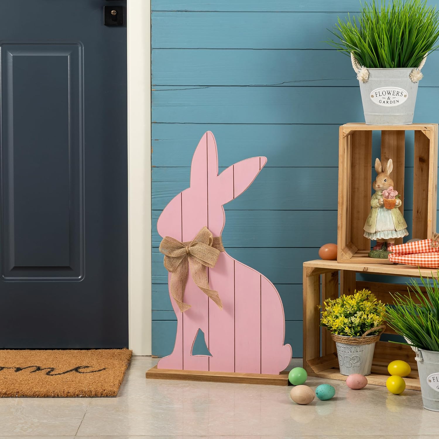 Glitzhome 24"H Easter Wooden Pink Bunny Porch Decor,Standing Porch Sign Decoration for Front Door Outdoor Spring Rustic Yard Party Garden Decor
