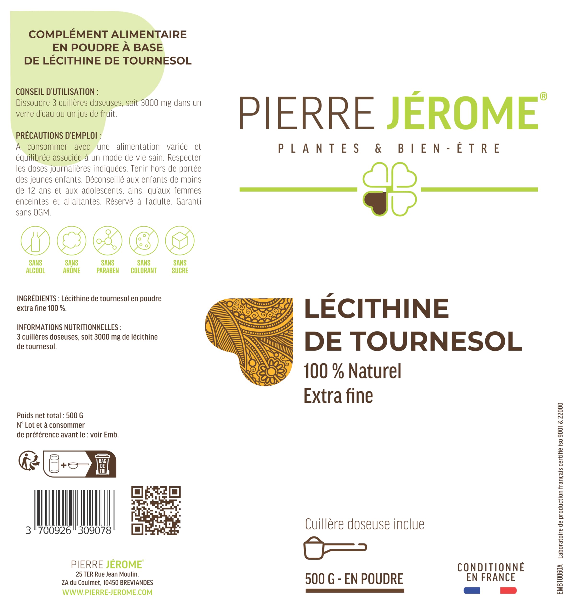 Lécithine de Tournesol en Poudre Pierre Jérôme - 500 G - Complément et Additif Alimentaire à Base de Phospholipides de Tournesol - Foie, Cerveau - 0.5 KG - 500 Jours