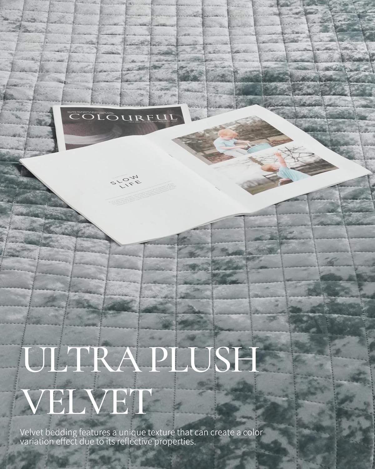 Luxury Velvet Queen Quilt Set, Ultra Soft Lightweight Velvet Comforter Set, Oversized Bedspread Coverlet with 2 Shams Diamond Pattern, for All Season (Blue) - Image 2