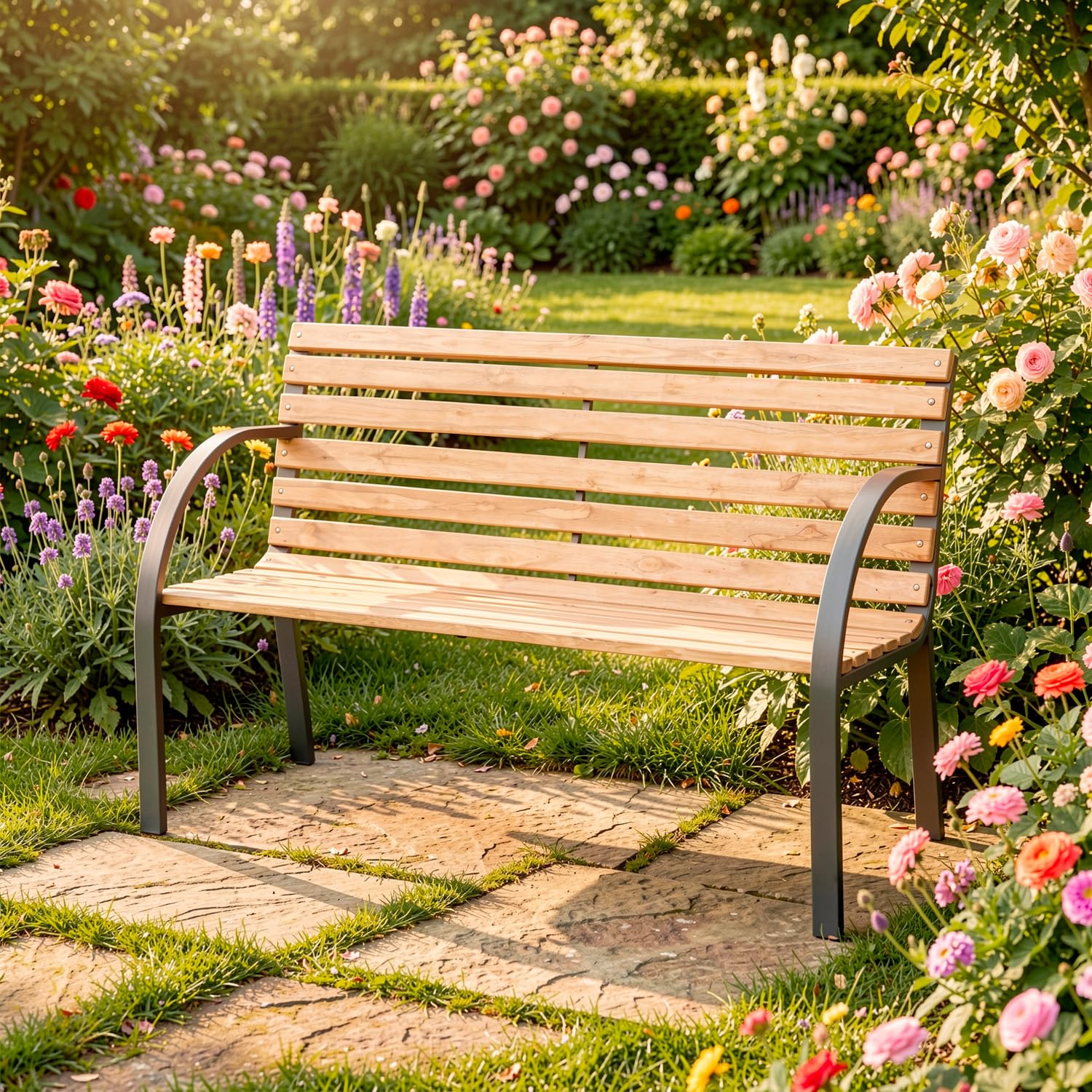 Monrovia Panchina da Giardino 2 Posti in Legno di Abete e Acciaio Verniciato Panca da Esterno Design Moderno Resistente con Braccioli Comoda per Terrazzo Balcone e Giardino 119.5 x 62 x 83 cm