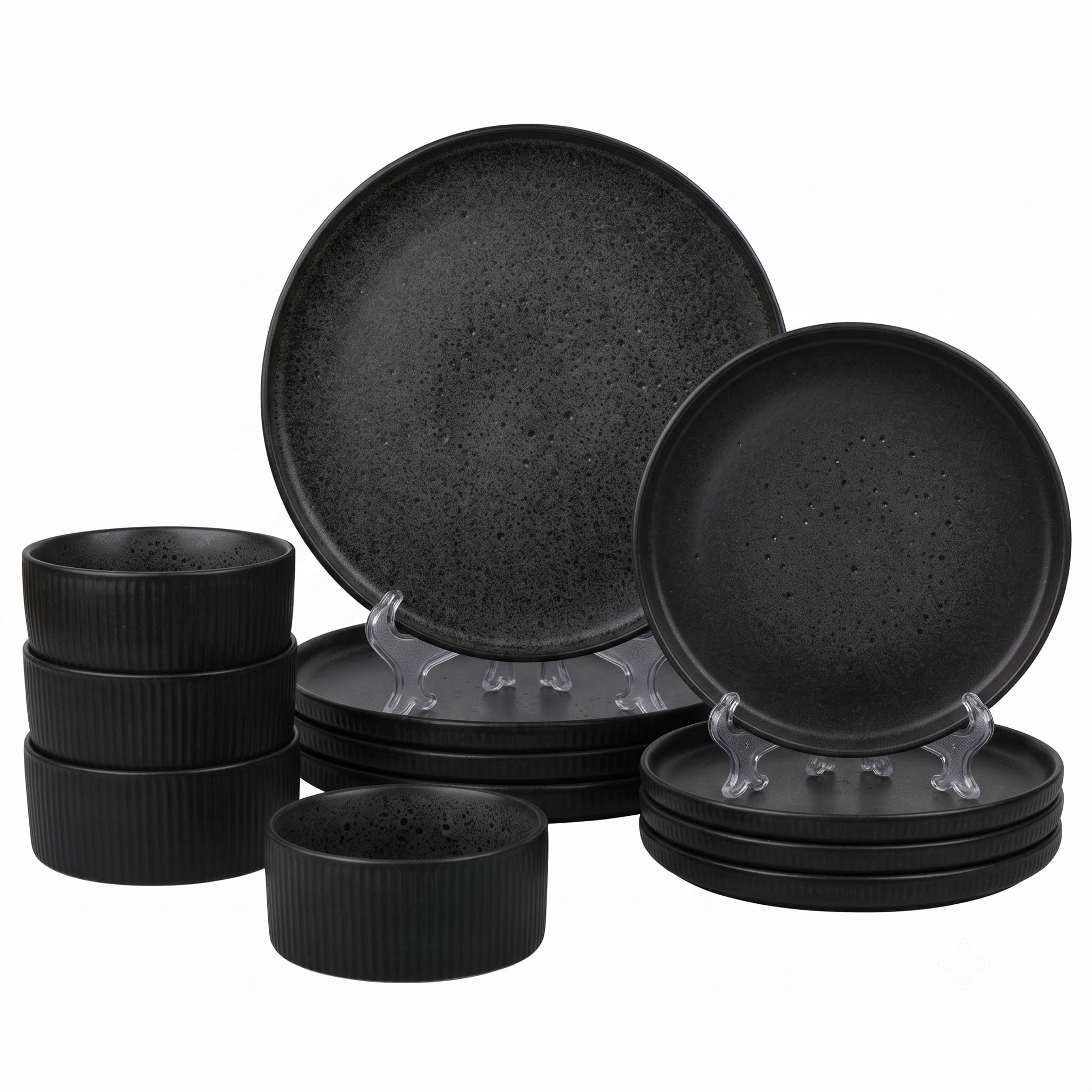 Sango Anderson Geschirr-Set aus Steingut, geriffelt, modernes schwarzes Geschirr für 4 Personen, Premium-Servierteller und Schüssel-Sets, splitter- und kratzfest, Keramik-Küchenschale, mikrowellen